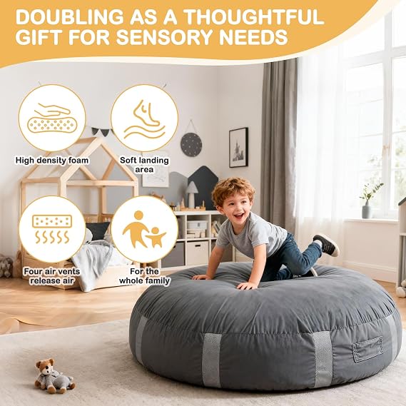 FINCOME Sensory Pads for Kids Sensory 5'x 5'/ 4'x 3' Gray Mat with Foam Blocks Washable Velvet Cover Sensory Crash Mat for Climbing Gymnastics Sensory Pad for Sensory Tool, Schools, Sensory Therapy