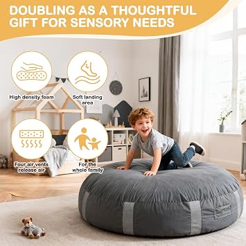 FINCOME Sensory Pads for Kids Sensory 5'x 5'/ 4'x 3' Gray Mat with Foam Blocks Washable Velvet Cover Sensory Crash Mat for Climbing Gymnastics Sensory Pad for Sensory Tool, Schools, Sensory Therapy
