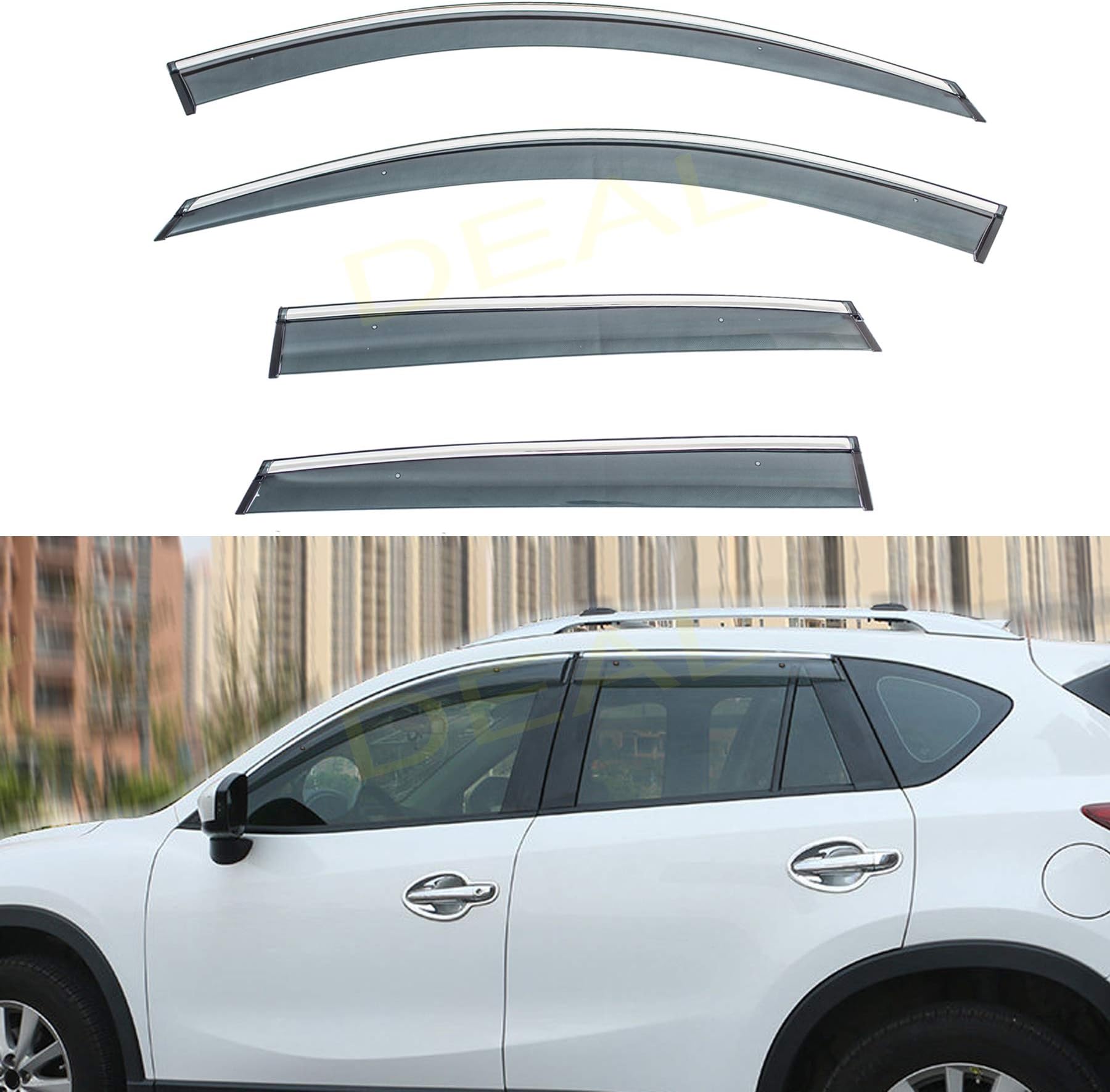 DEAL AUTO ELECTRIC PARTS 4-Piece Set Outside Mount Tape On/Clip On Type Smoke Tinted Sun/Rain Guard Vent Window Visors With Chrome Trim Compatible With 2013-2016 CX-5 All Models