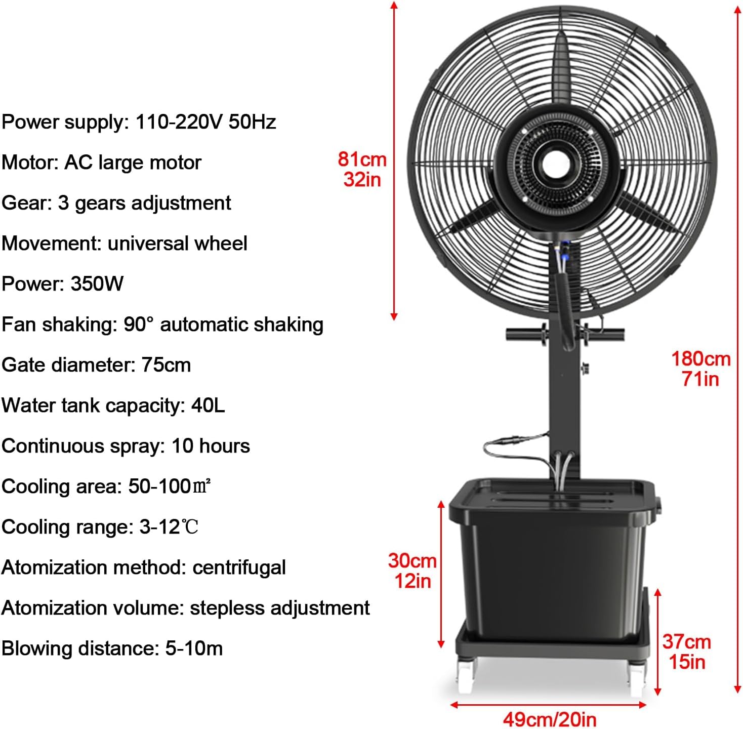 22in/28in/32in Patio Misting Fans, Outside Pedestal Cooling Fan, with 40L Tank & 3-Speed Settings, 90° Degree, Standing Fan for Residential Greenhouse Outdoor(81cm/32in)