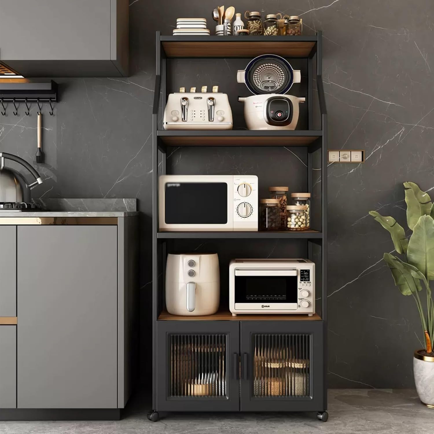 Microwave Stand with Storage - Freestanding Kitchen Rack, Mobile Baker's Rack on 4 Rolling Casters, Ideal for Dining Room, Living Room & Kitchen Organization