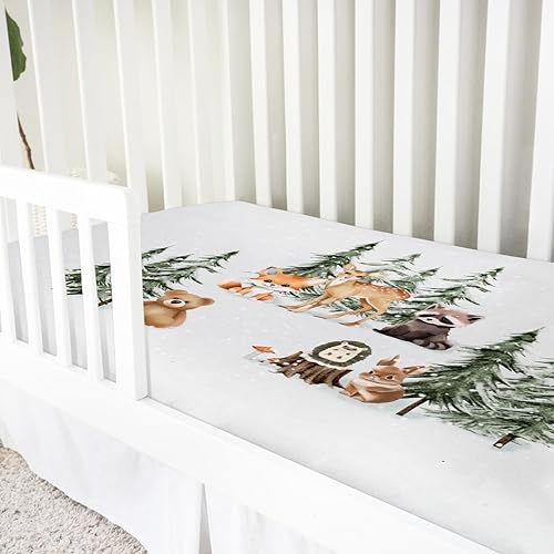 Miniatura 10 de Sábanas para cuna de bebé, diseño de animales del bosque, hojas de eucalipto, 52 x 28 pulgadas, oso, mapache, zorro, ciervo, conejo, erizo,
