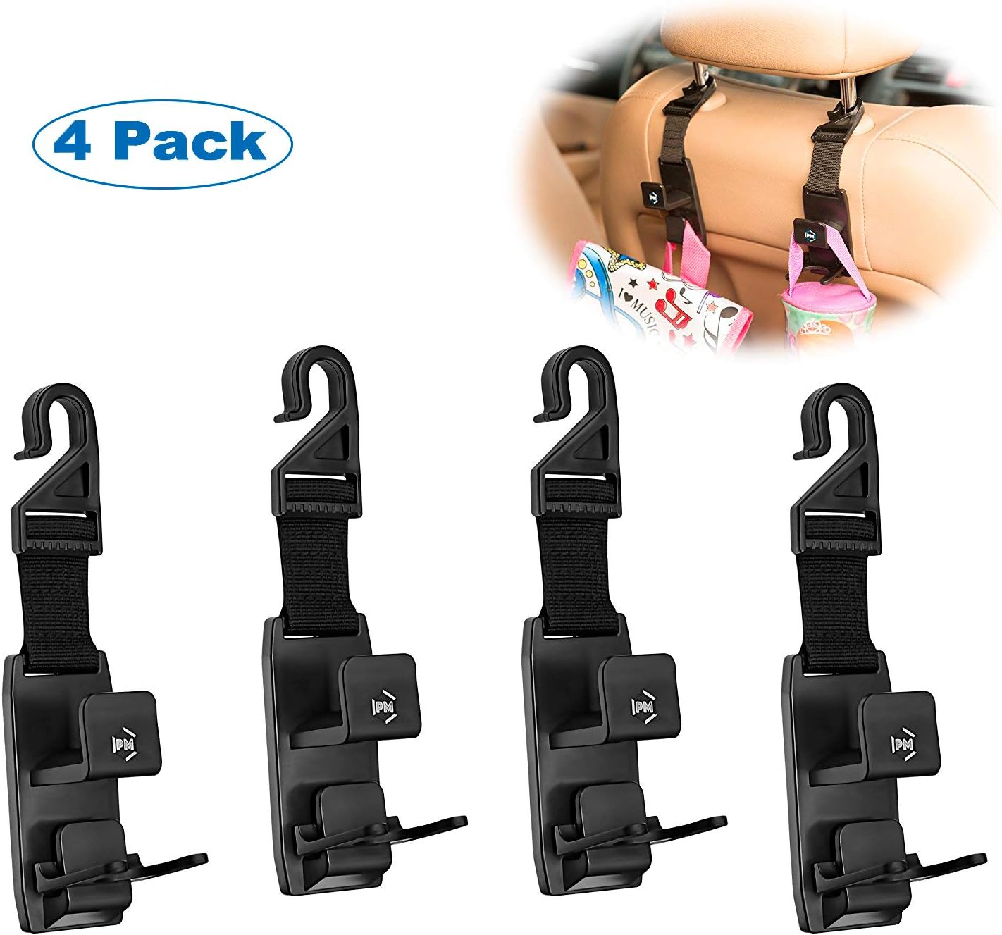 Magic Headrest Hooks for Car - Durable and Strong Backseat Headrest Hanger Storage for Handbag, Purse, Backpack and Grocery Bags, 4 Pack Universal Vehicle Car Seat Back Headrest Sturdy Hangers