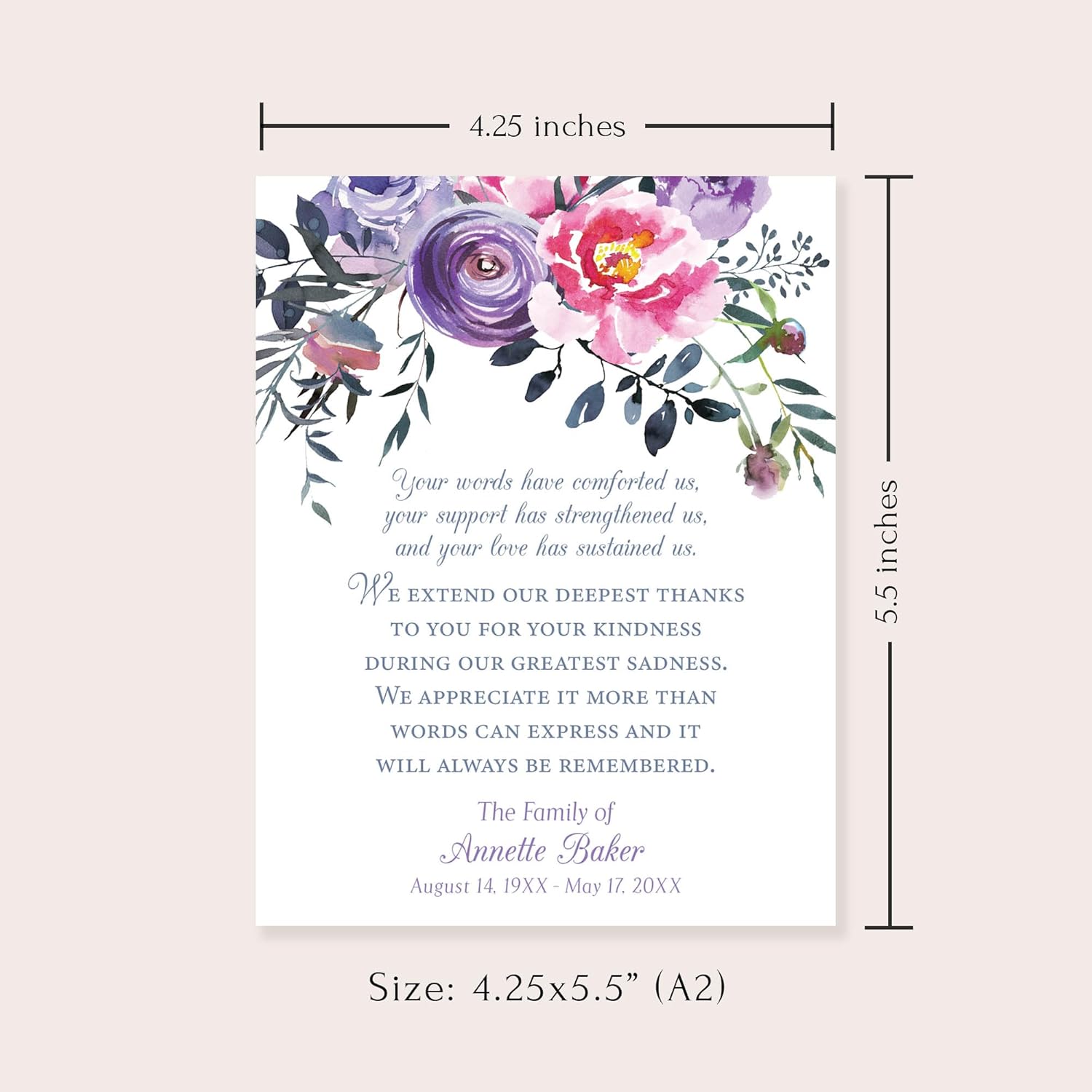 Pink and Purple Floral Funeral Thank You Cards, Sympathy Acknowledgement Cards, 4.25x5.5 Flat Bereavement Notecards with Envelopes