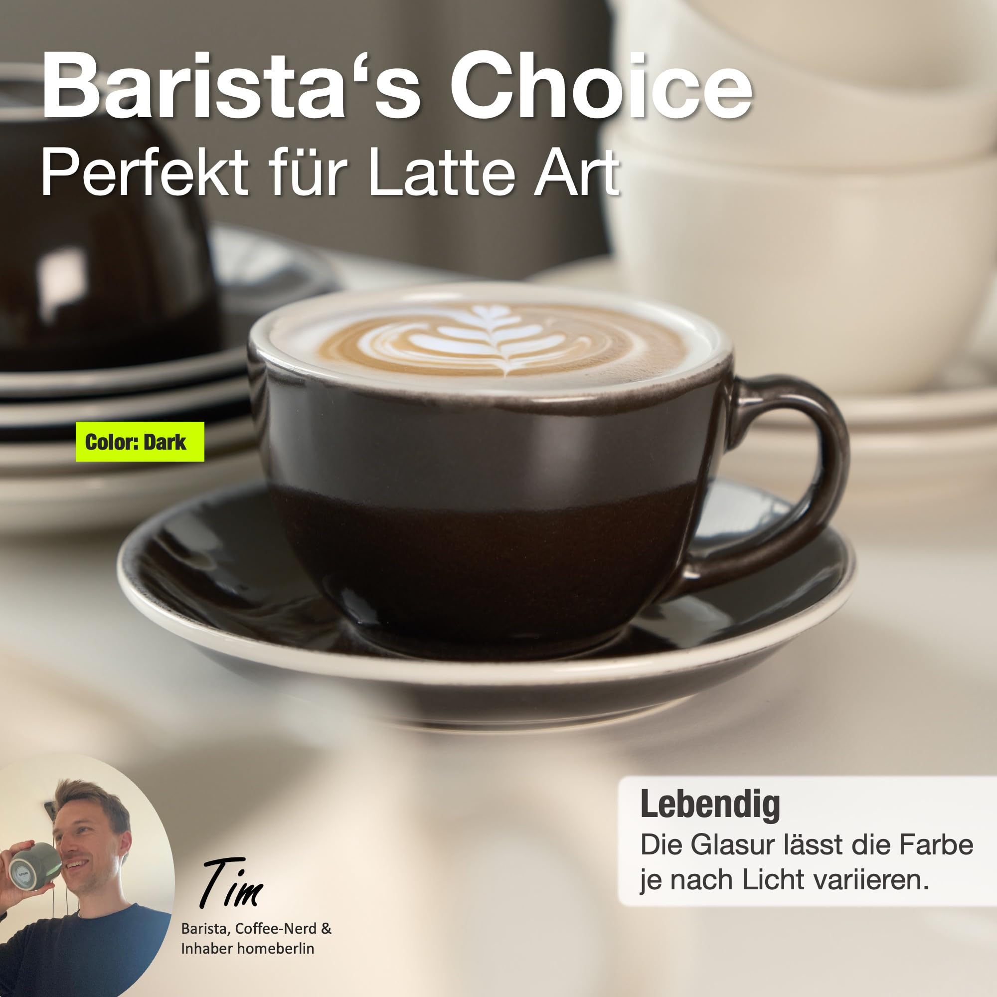 HOMEBERLIN® Barista Pro Cappuccino Cup Set - 200 Ml Coffee Cups Set - Premium Coffee Cups Set Made Of High-Quality Stoneware - Four Modern Coffee Cups