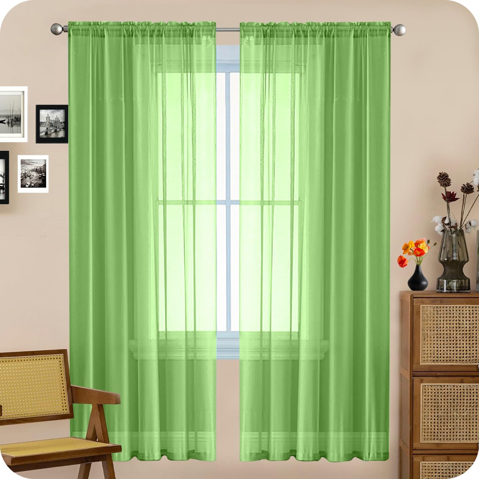 GAIFNAG White Voile Curtains for Bedroom 80 x 120 cm Pencil Pleat Black Out/Light Weight Linen Look Solid Woven Voile Curtains for Bedroom for Apartment/Hotel Dorm, Tender Green