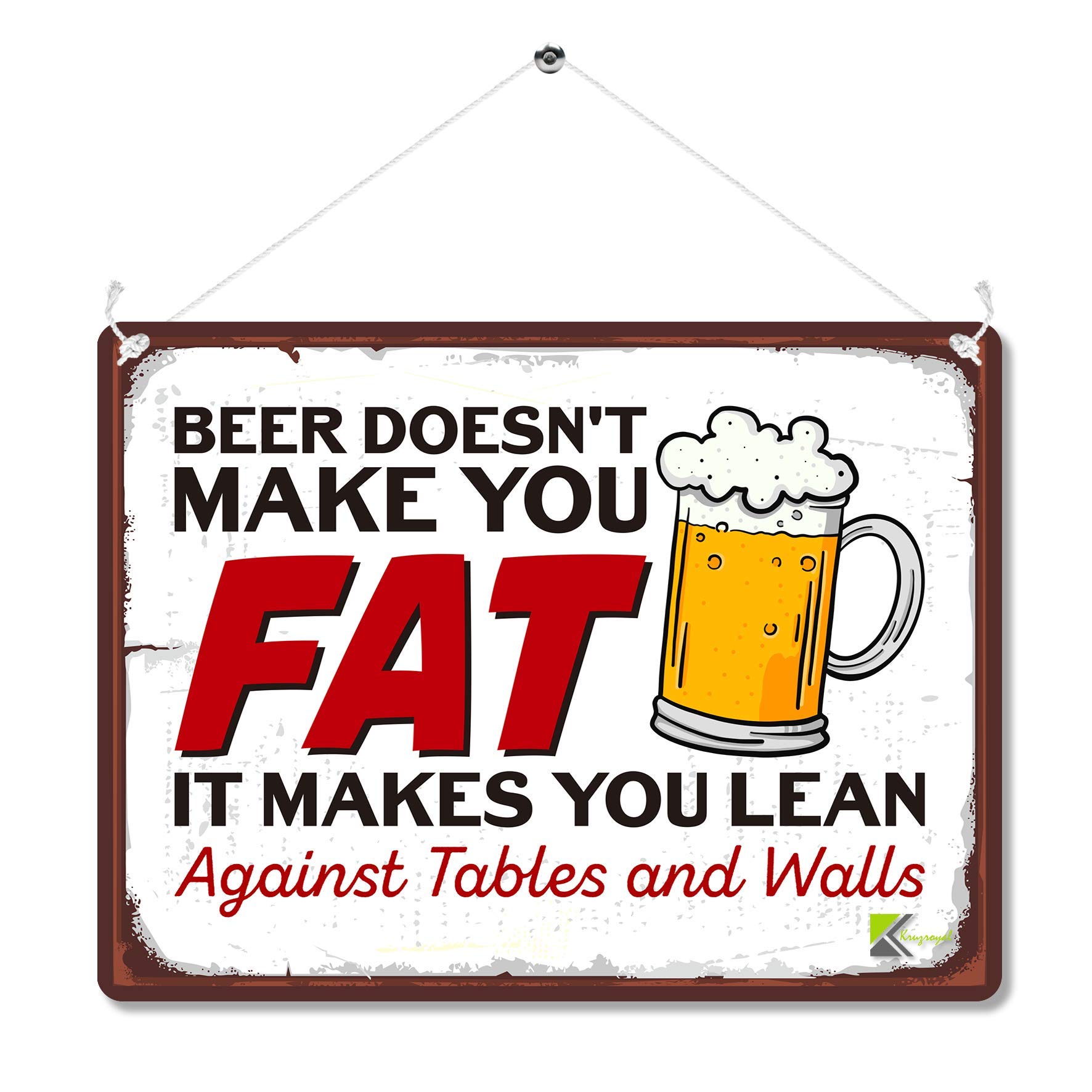 Kruzroyal Funny Beer Metal Wall Sign, Makes You Lean Novelty Plaque Gift, Humorous Retro Vintage Tin Decor For Home Bar Pub Or Man Cave, 20X15cm With Hanging String