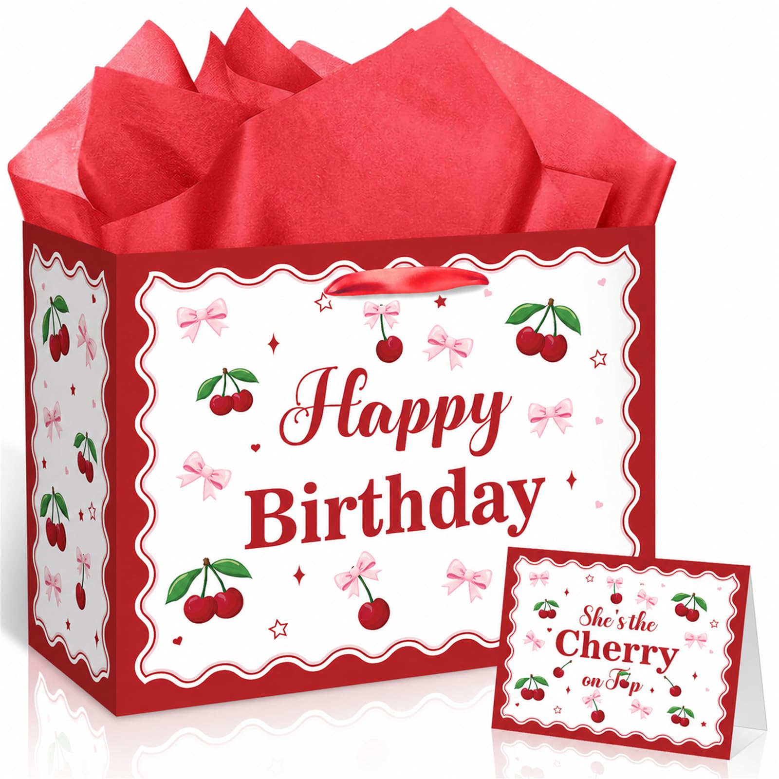 Cherry Happy Birthday Gift Bag with Card & 3 Sheets Red Tissue Paper, Double Sided She's the Cherry on Top Present Bag for Girls Women, Luxury Vintage Scalloped Edge Wrap for Daughter