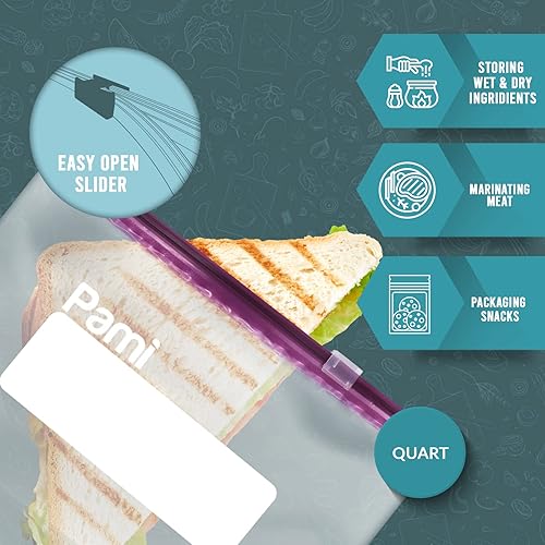 Miniatura 3 de PAMI 50 bolsas reutilizables con cremallera deslizante de tamaño de cuarto de galón a prueba de fugas con parte inferior expandible, etiqueta para