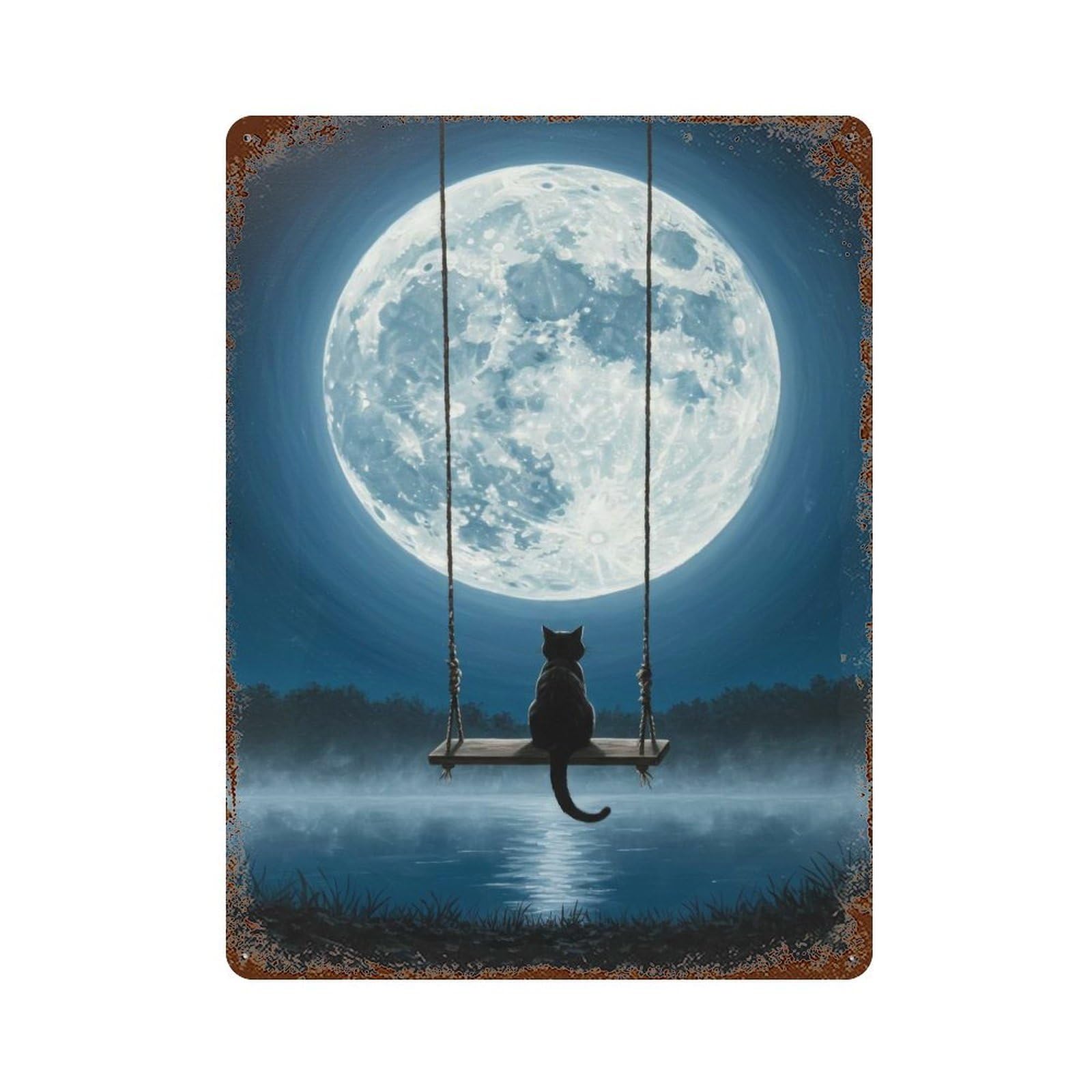 Cat on Swing Under Moonlight 15.7"x11.8" Decorative Tin Sign, Rustic Home Decor for Patio, Garden Room And Bar Decor