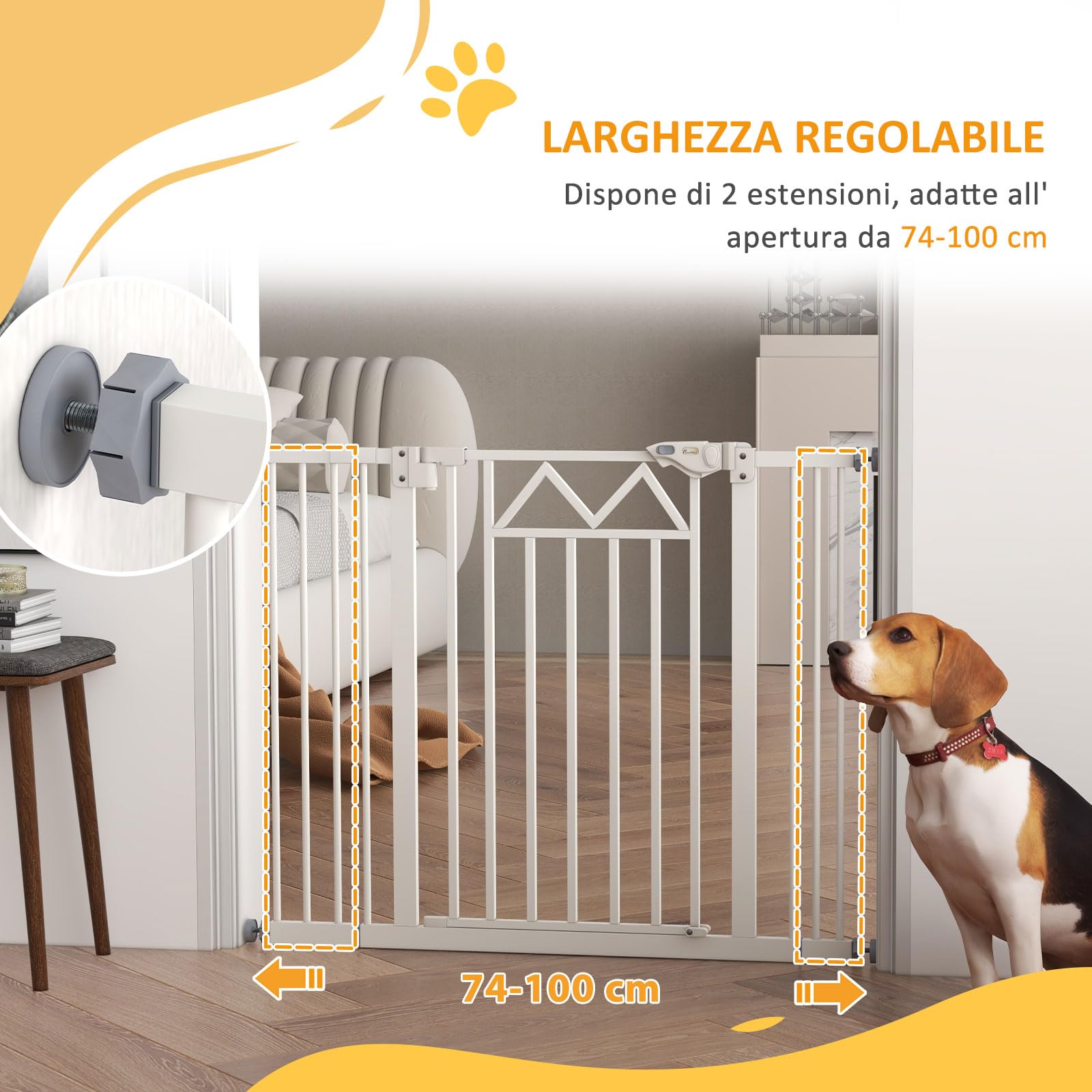 PawHut Cancellino per Cani con 4 Viti Regolabili e Nastro Adesivo, Cancello per Cani in Metallo e Plastica, 74-100x76cm, Bianco