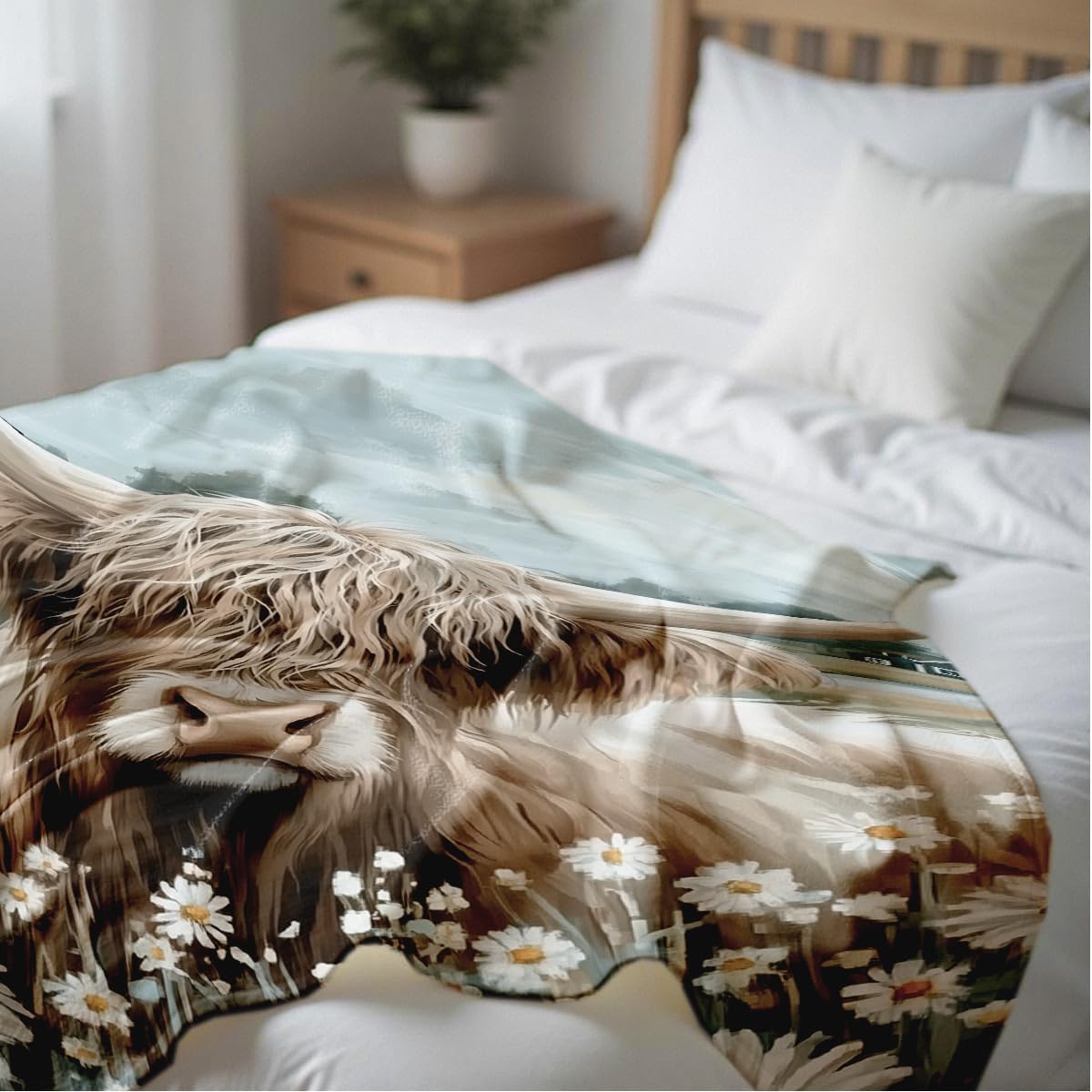 Printed Bed Blanket Cattle and Flower Throw Highland Cow Queen Size Flannel Blanket for Couch Sofa Travel Decor (49"x59") - Image 4