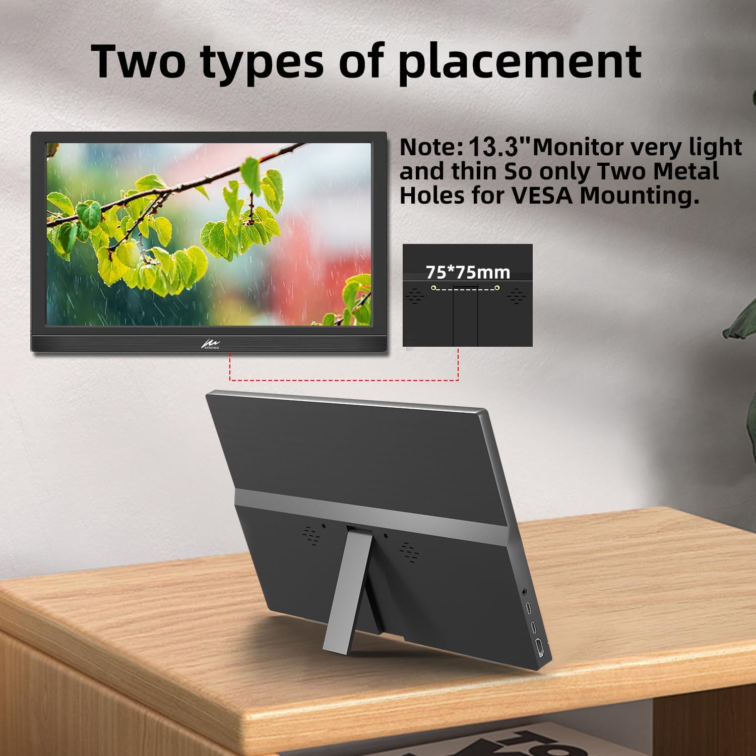 Kenowa 13.3 Inch Portable Monitor FHD 1366x768P LED External Display with USB-C HDMI, Travel Monitor for Latop PC Phone Mac PS4/5 Xbox, Built in Speakers