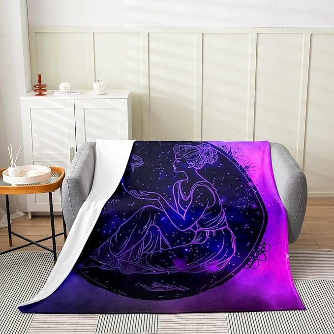 Manfei Virgo Throw Flannel Blanket,Glitter Constellations Astrology Zodiac Boho Fleece Throw Blanket for Home Decor Sofa Couch,Exotic Flower Neon Blue Purple Starry Fleece Blanket,40