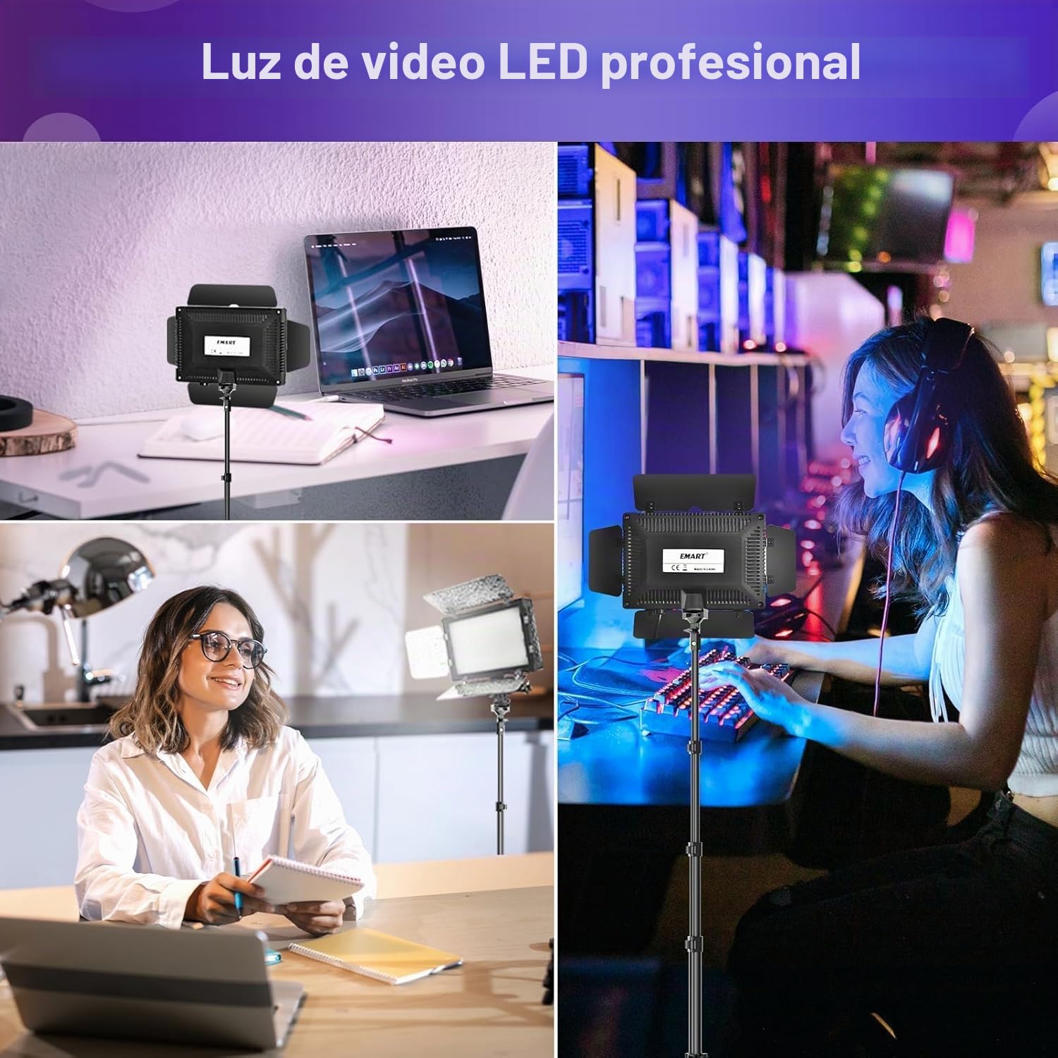 Luz de Vídeo con Barndoor y 9 Filtros, EMART Iluminación de Fotografía | 5500K 66 LED, Regulable, Grabación de Vídeo, Streaming, Youtube, Estudios Fotográficos, Rodajes