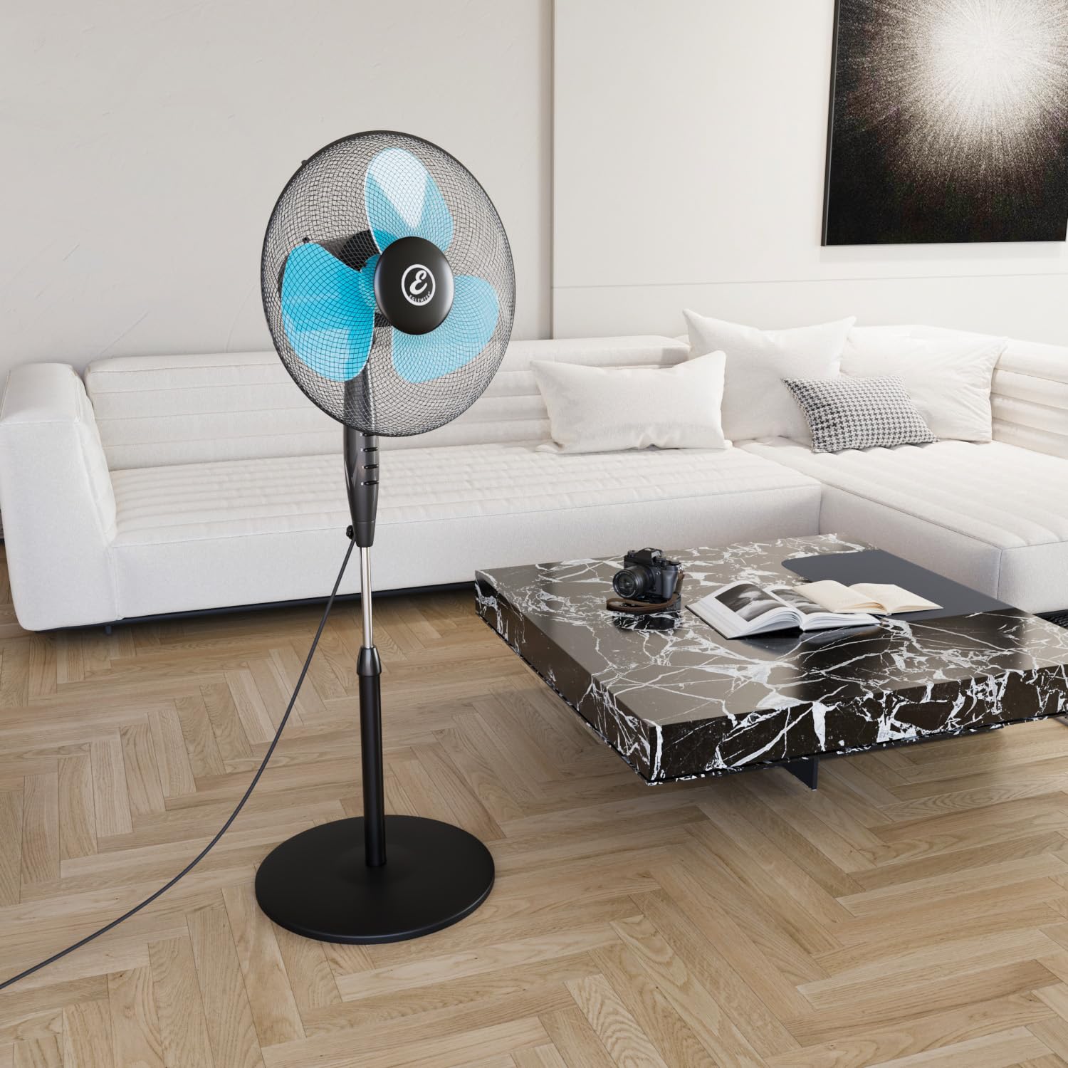 Bricozone Ventilatore a Piantana per Pavimento Potente da 50W con Pale da 40 cm Silenzioso Colore Nero e Azzurro 3 Velocità Oscillante Altezza e Inclinazione Regolabili Griglia di Protezione