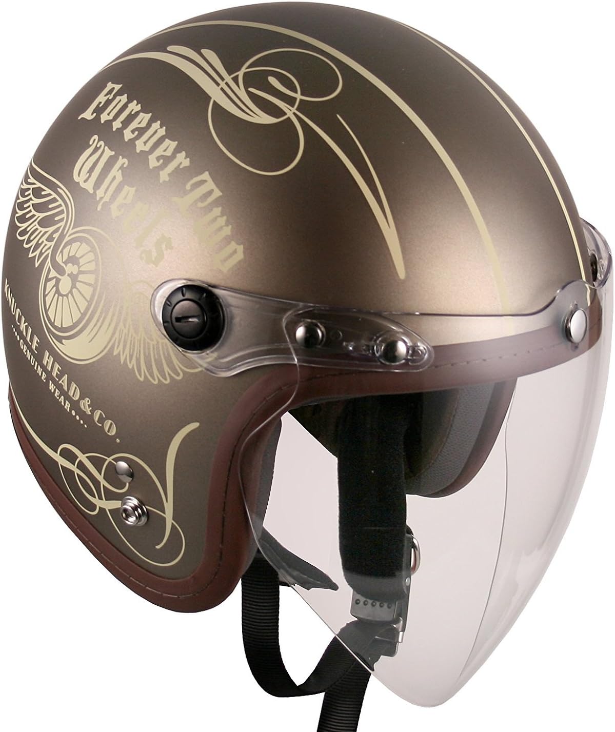 (F4 Jet-include Shield) Motorcycle Scooter Open Face 3/4 Three Quarter Jet Helmet Vintage Retro Style Helmets (Bronze Color (Two Wheel Decal))