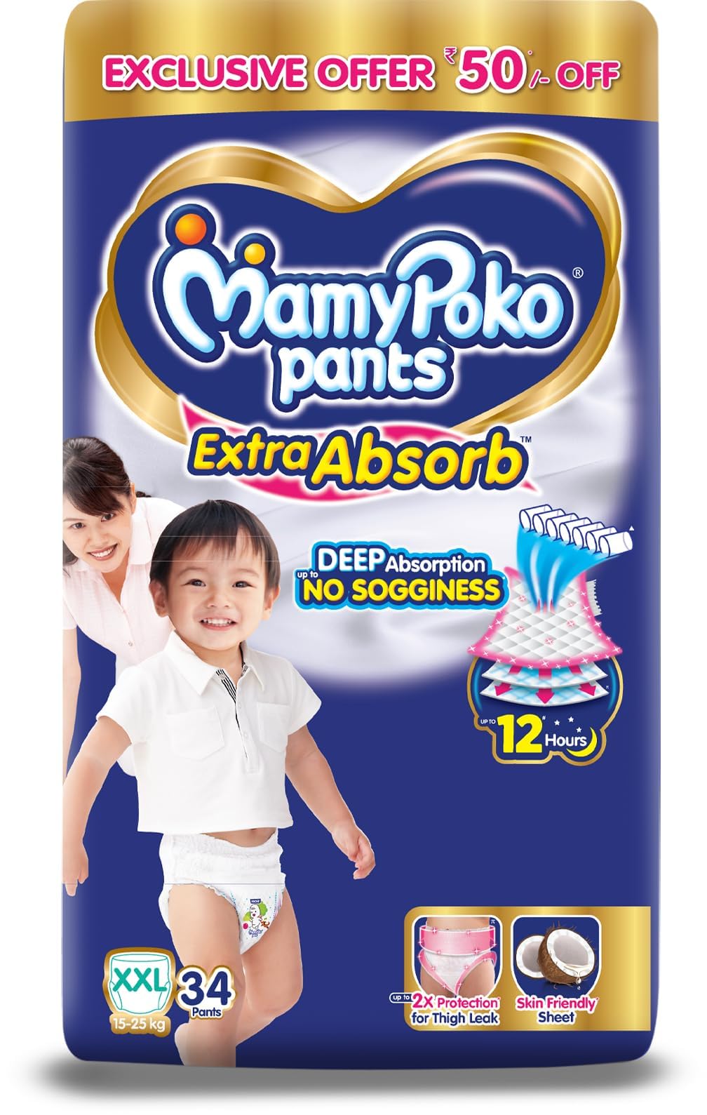 MamyPoko Pants Extra Absorb Baby Diapers, Extra Extra Large (XXL Size) | 15-25 kg | 34 Count |Deep Sleep Diapers| Soft Gentle fit |Deep Absorbent Crisscross | Skin Friendly with Coconut Oil |