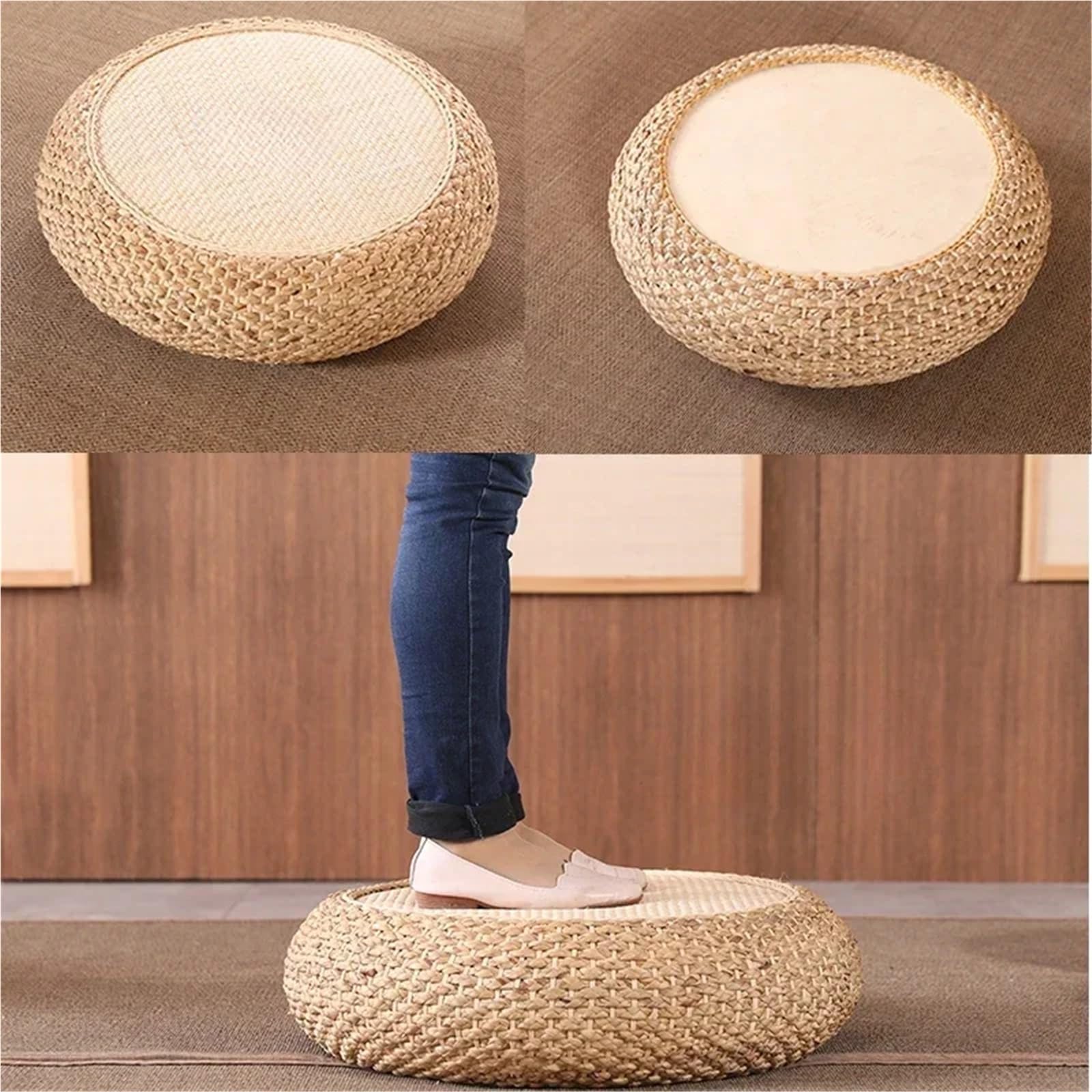 Pouf en Paille tissé, Tapis Tatami, Coussins de Sol Ronds, Coussin méditation rotin, siège Confortable for Yoga Coussin Méditation(Type2,40x40cm)