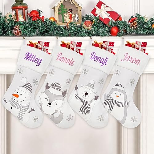 Miniatura 9 de Calcetines de Navidad personalizados, medias de dibujos animados con nombre, 18 pulgadas, calcetín grande de Navidad de muñeco de nieve, ciervo,