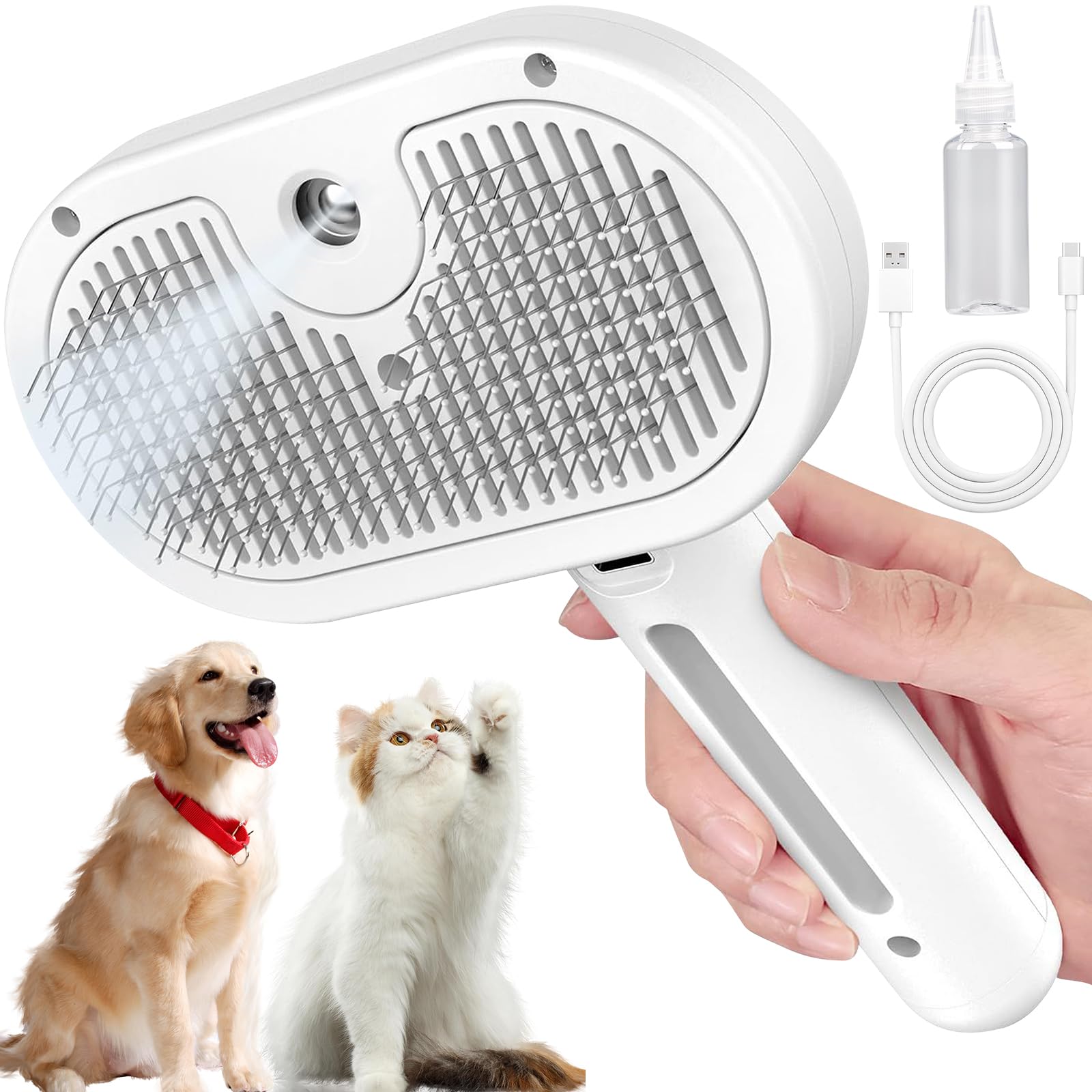 Cepillo de Vapor Multifuncional 3 en 1 para Gatos y Perros Limpieza Autolimpiante Recargable Pelo Largo y Corto