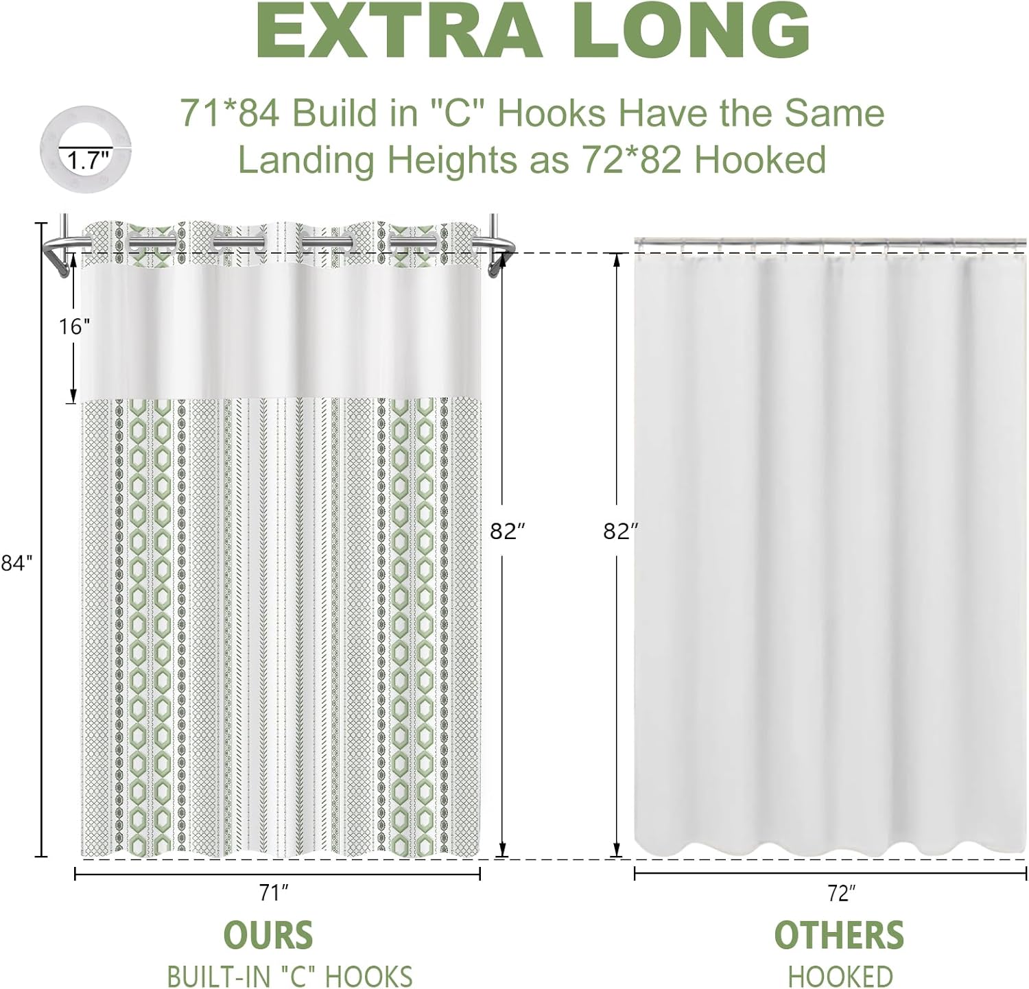 No Hook Shower Curtain with Snap in Liner and Sheer Window, Modern Hotel Style Shower Curtain Set for Bathroom Decor, Washable and Quick Install, Green and White, 71 X 84 Inches