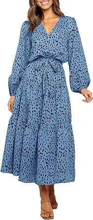 MITILLY Women's Boho Leopard Print Ruffle Long Sleeve V Neck Casual Flowy Party Maxi Dress