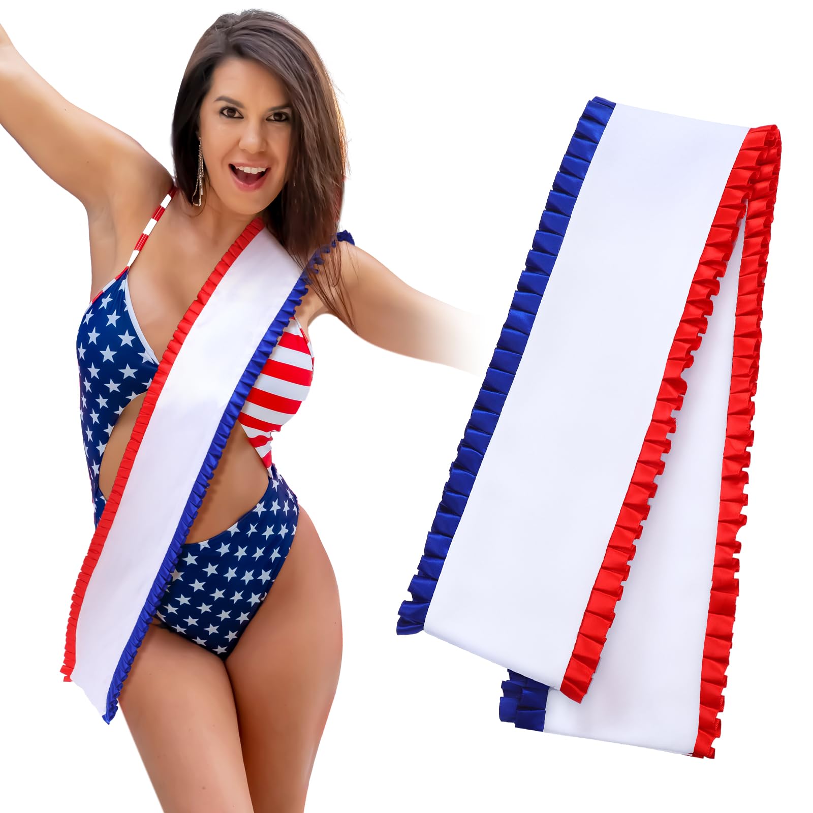 Newcotte Blank Cowboy Sash with Red White and Blue Frills Sublimation DIY Sash Custom Personalized Cowboy Outfits Decorations for Women Pageant Birthday Citizenship Gifts Party Favors