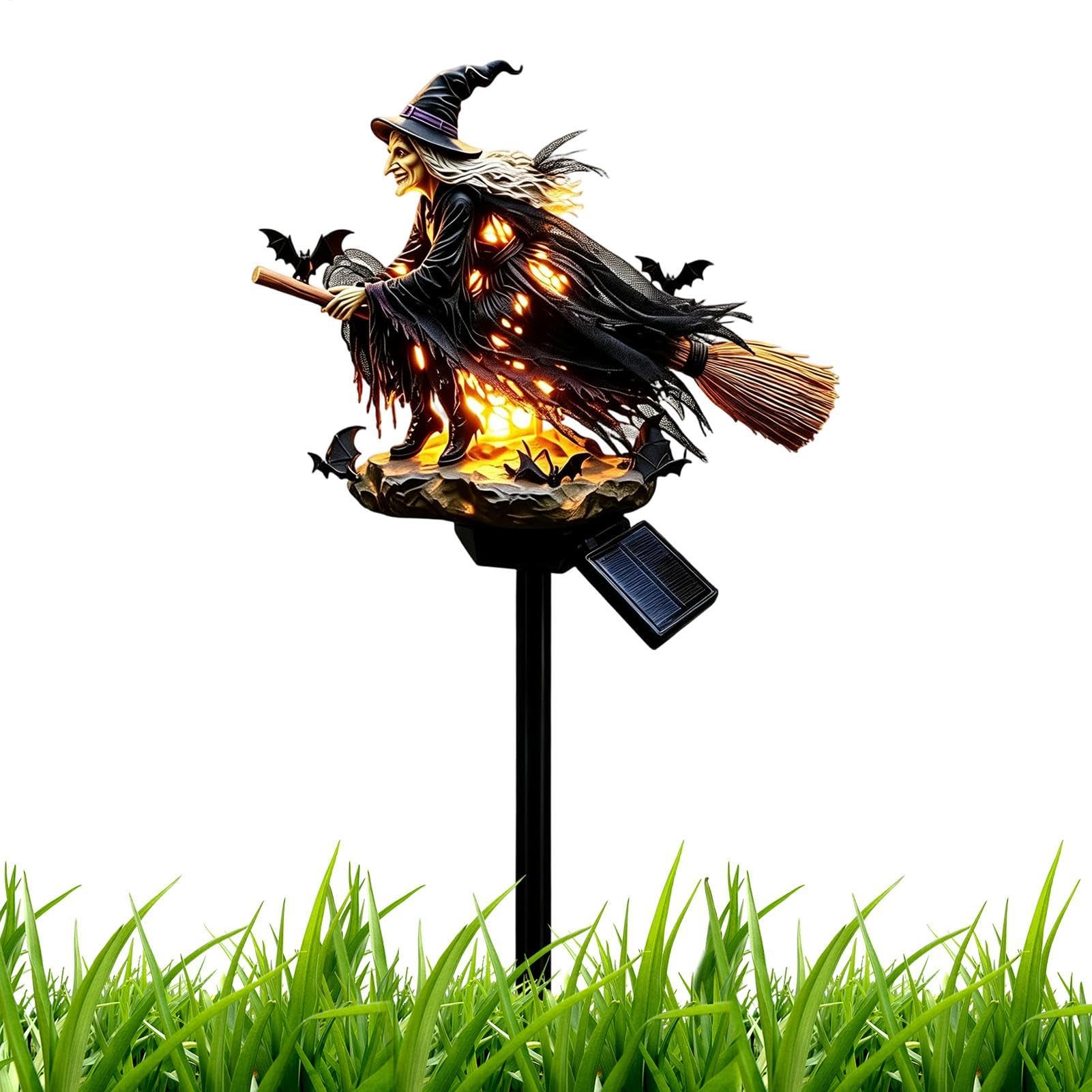 Halloween Solar Gartenstecker Licht Fliegende Hexe Deko Figur Pfahl | Solar-Gartendekoration für den Außenbereich, Hof, Terrasse, Veranda, Rasen, Hof, Weg, Boden, Wasserlandschaft, Zaun
