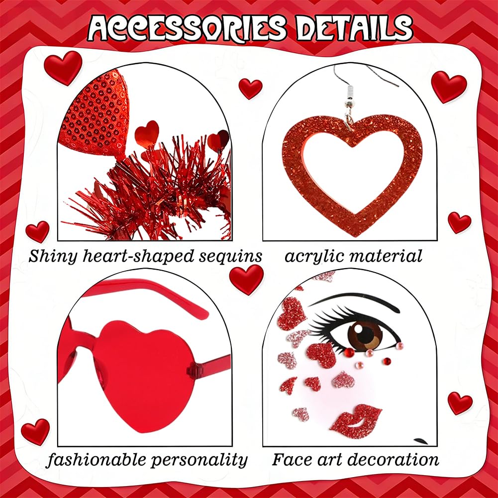 Valentine's Day Costume, Heart-Shaped Headbands, Heart-Shaped Glasses, Red Earrings, Face Glitter Tattoos, Knee-High Socks - Image 3