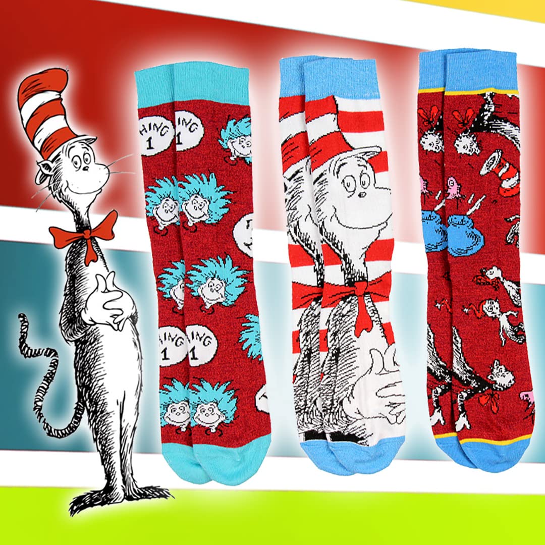 Dr. Seuss Skarpety dorosły kot w kapeluszu Thing 1 Thing 2 Character Design 3-pak skarpety do połowy łydki