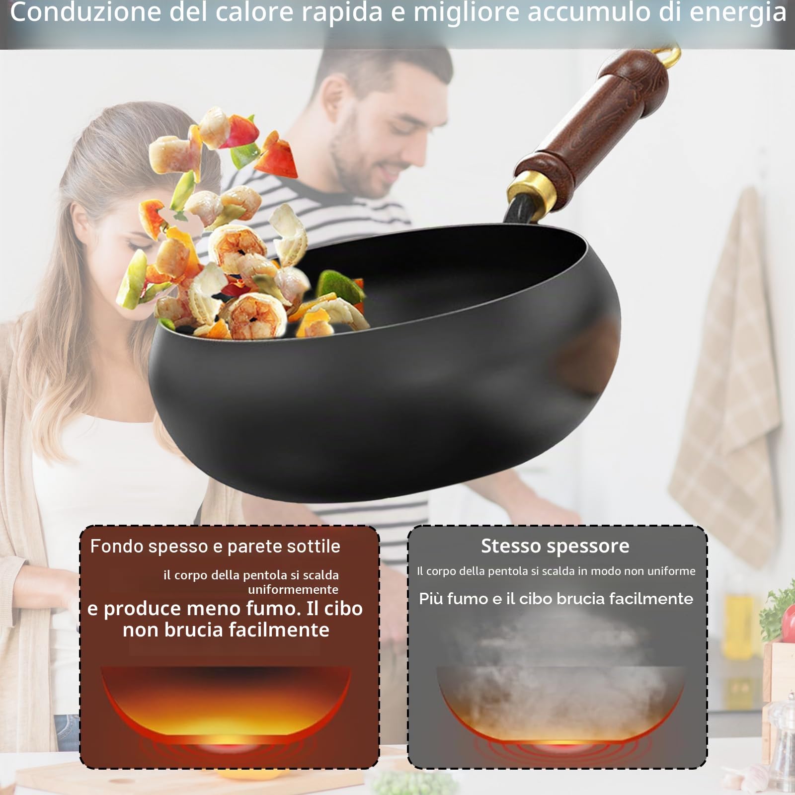 Padella Giapponese in Ferro Forgiato a Mano 24cm, Ferro Puro, Senza Rivestimento & Antiaderente Naturale, con Coperchio in Legno e Spatola, Adatta per Induzione, Gas ed Elettrico