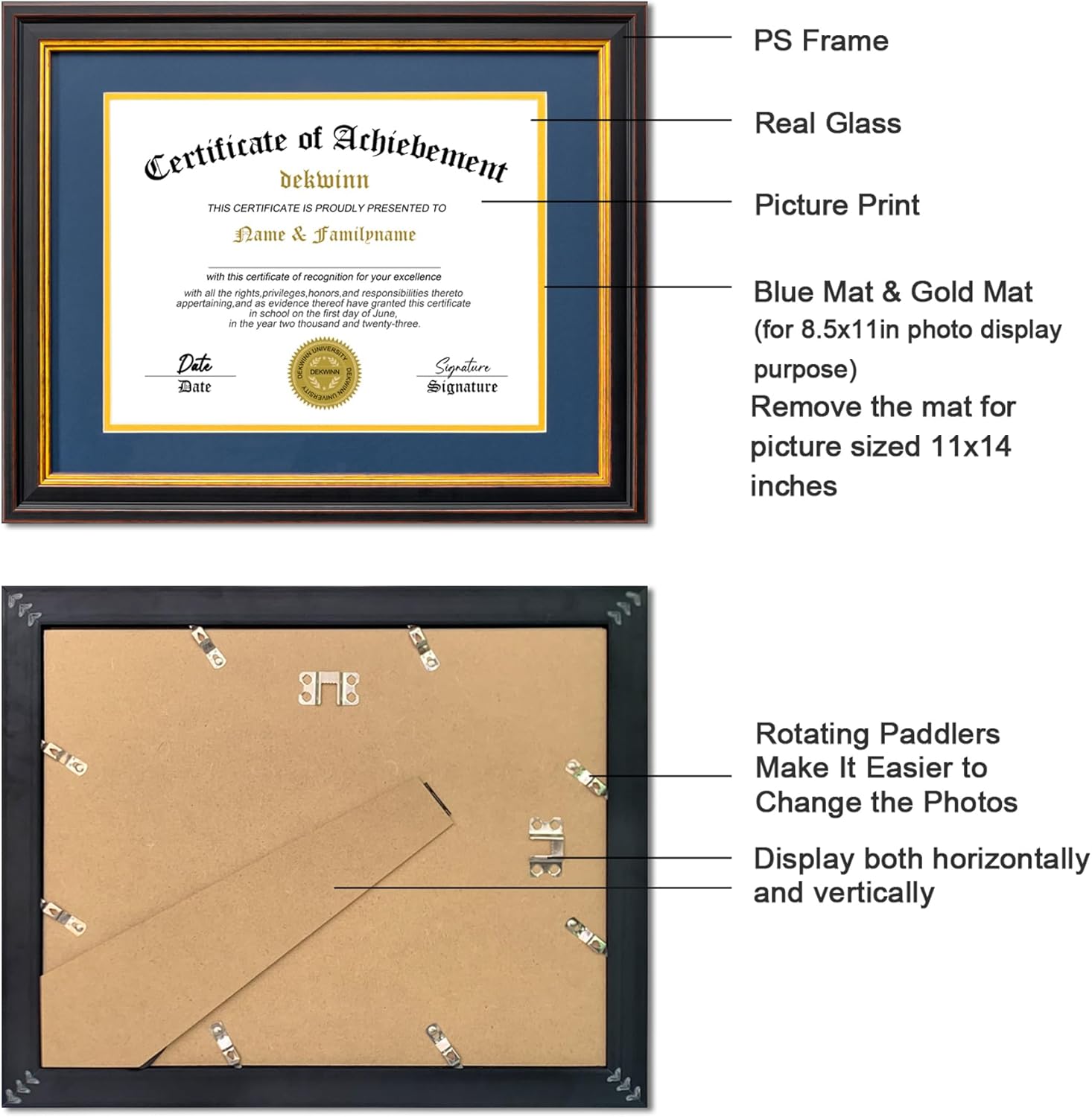 Diploma Frames 8.5x11 with Mat or 11x14 without Mat,2 Pack Certificate Document Frame with Real Glass,Black Gold & Burgundy Molding(Blue/Gold Double Mat)