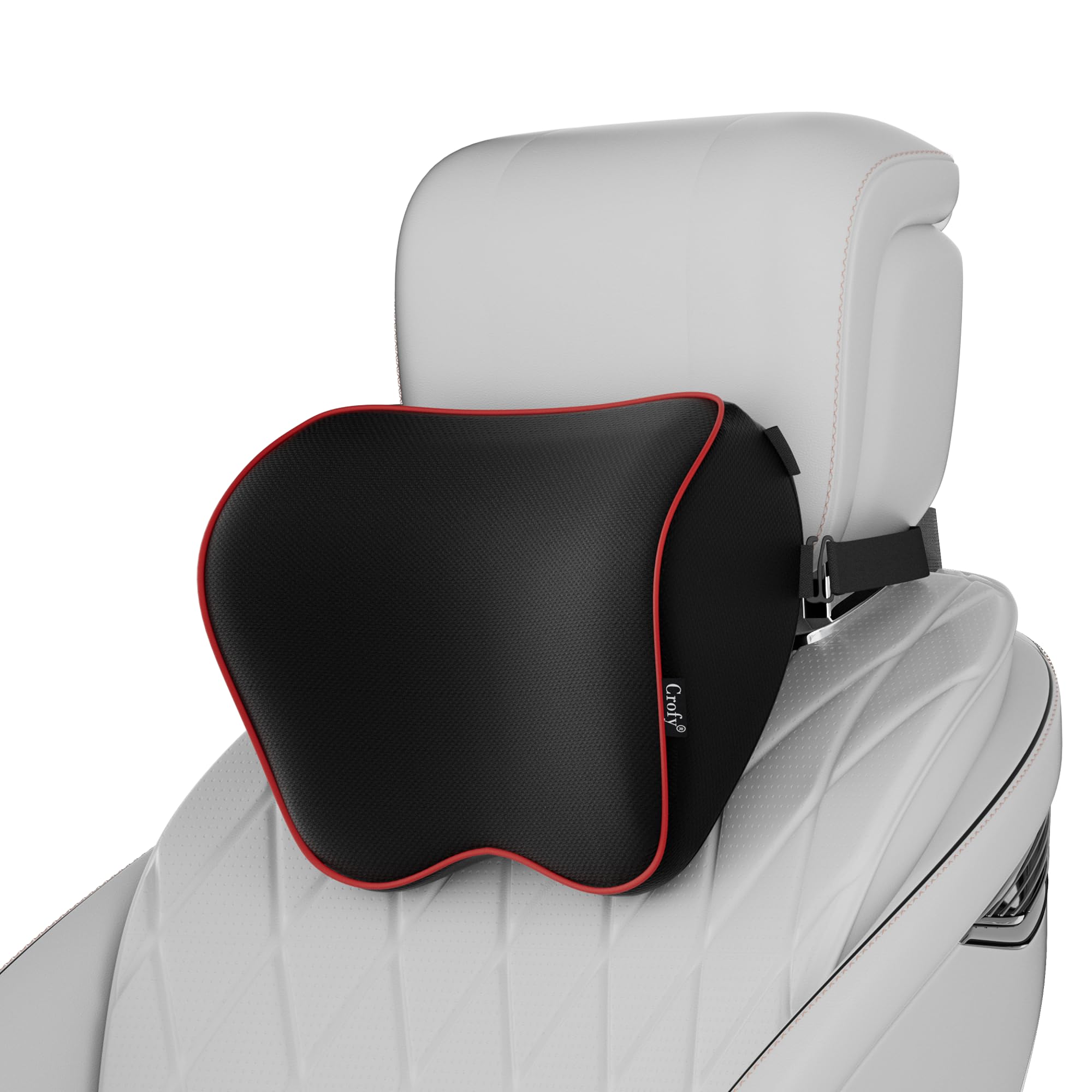 Crofy,Cuscino cervicale per auto, morbido, per la guida, 100% in pura schiuma di memoria e copertura traspirante rimovibile, confortevole design ergonomico (corda laterale rossa)