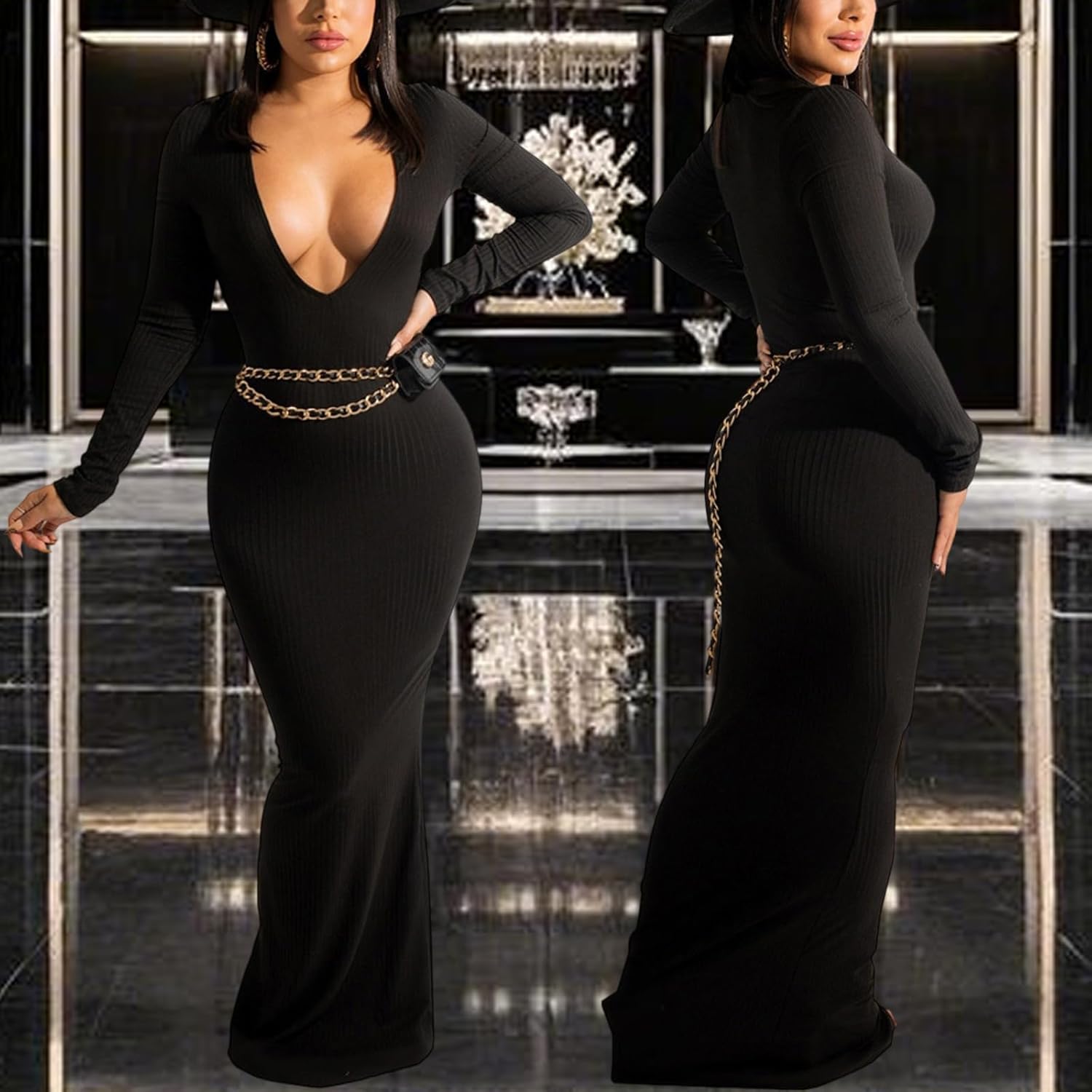 Women's Casual Long Sleeves Bodycon Maxi Dress Plus Size Sexy Deep V Neck Club Night Party Sweater Ribbed Long Dresses - Image 7