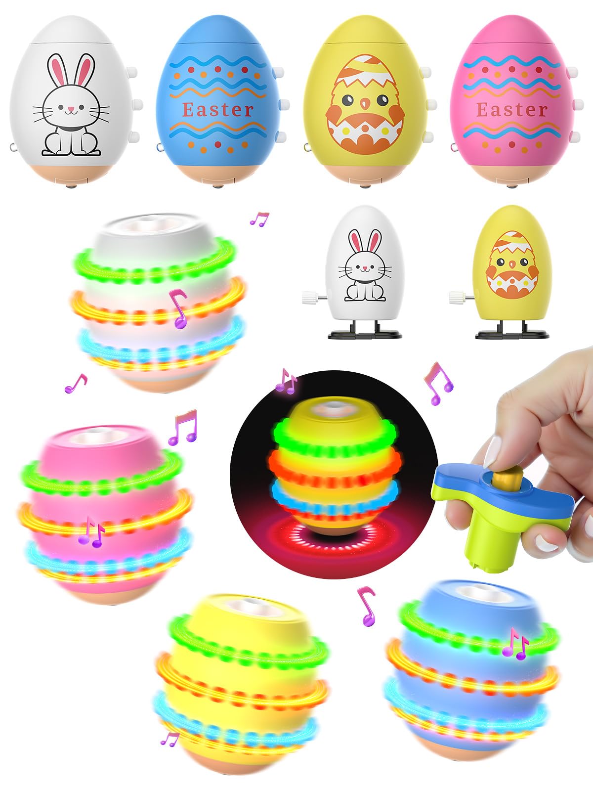 6 Pack Easter Basket Stuffers for Kids Toddler Boys, Easter Eggs Glowing Music Spinning Tops & Wind-Up Walking Eggs, Easter Gifts Easter Toys for Easter Egg fillers Easter Egg Hunt Party Supplies
