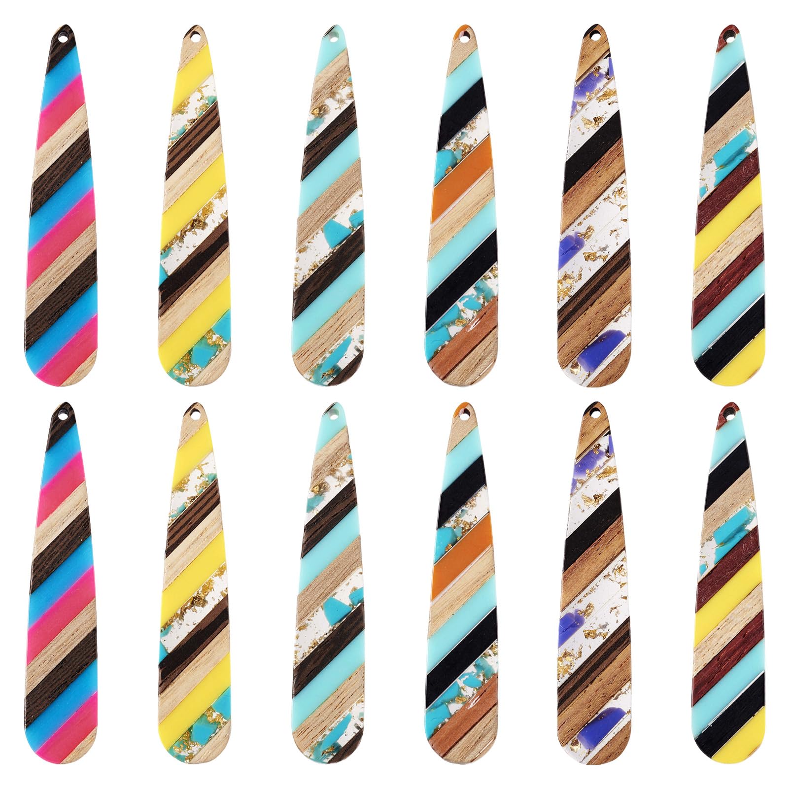 FASHEWELRY 12Pcs Teardrop Resin Wood Dangle Earring Pendant Colorful Long Water Drop Wooden Charms for Statement Earrings Bohemian Jewelry Making
