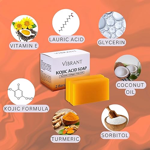 Miniatura 5 de VIBRANT - Barras de jabón de ácido kójico con vitamina E, cúrcuma, colágeno, aceite de coco, jabón iluminador coreano y jabón antienvejecimiento,