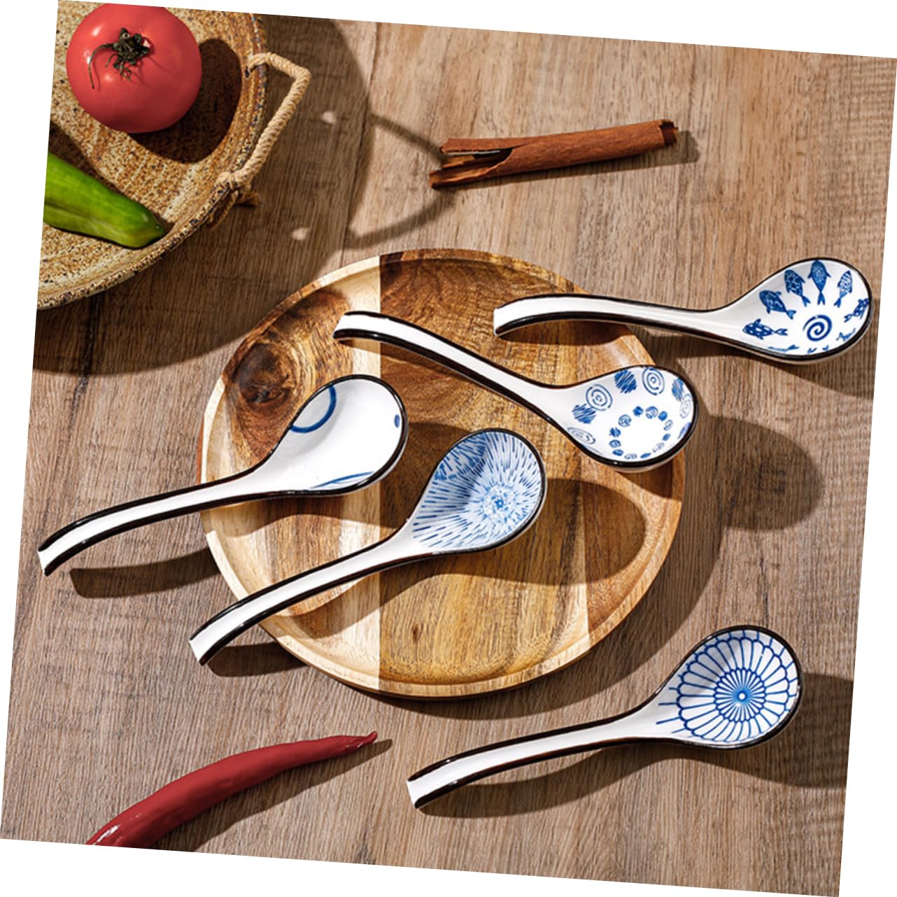 Cuillère à Soupe Chinoise en Céramique Bleu et Blanc, Lot de 6