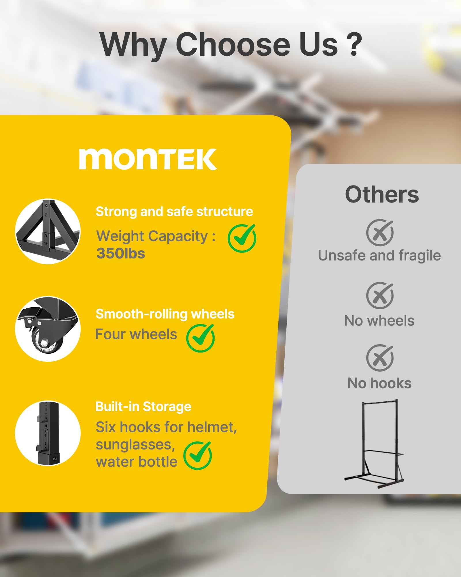 monTEK Freestanding Bike Storage Rack for 5 Bikes, Heavy Duty 350LBS Vertical Bike Stand with 5 Bike Hooks & 6 Helmet Hooks, Indoor and Outdoor Bike Storage Rack with Locking Casters