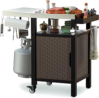 Onlyfire 35 Inch Rolling Kitchen Island and BBQ Serving Cart with Large Stainless Steel Countertop for Indoor Outdoor, Sin...