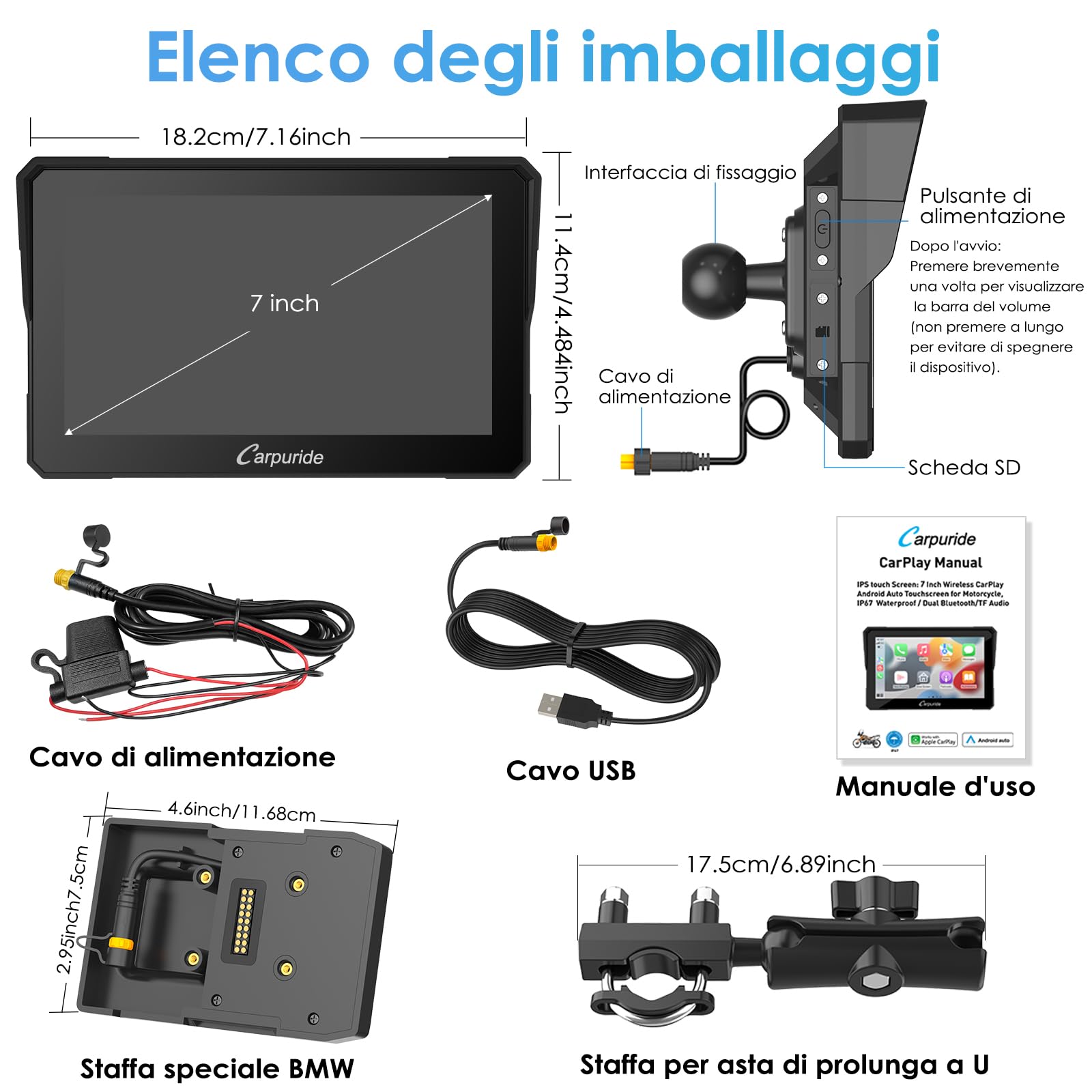 Carpuride W702B Motocyklowy ekran Carplay z niestandardowym mocowaniem do BMW Motorbike, Wireless CarPlay i Android Auto, przenośny 7-calowy wodoodporny ekran dotykowy, podwójny Bluetooth, nawigacja,