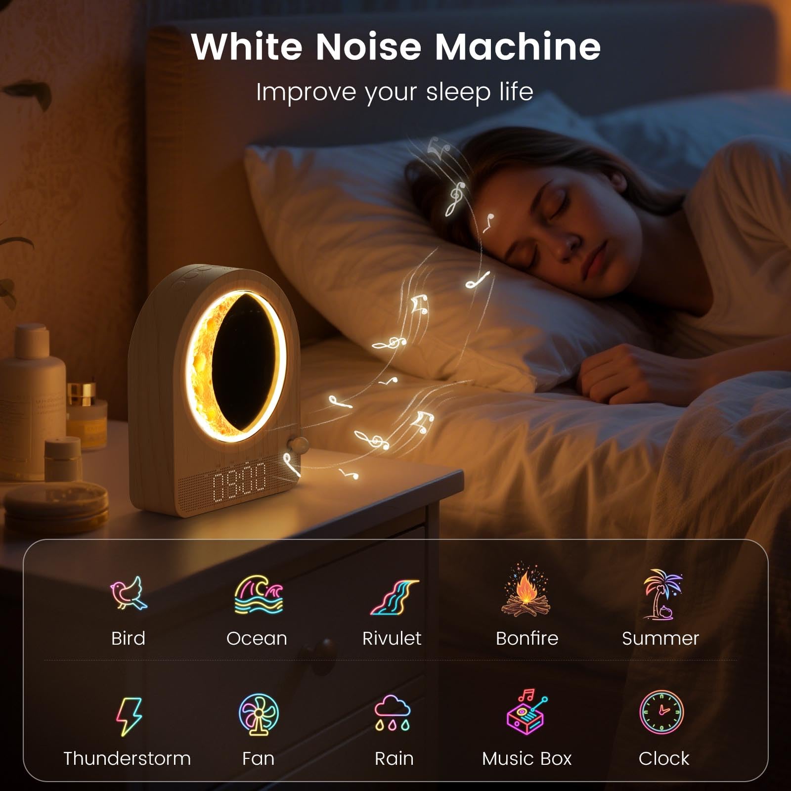 Despertador Sunrise Light, despertador de habitación con ruido blanco y luz lunar, 10 melodías, función de cuenta atrás y brillo ajustable - Madera
