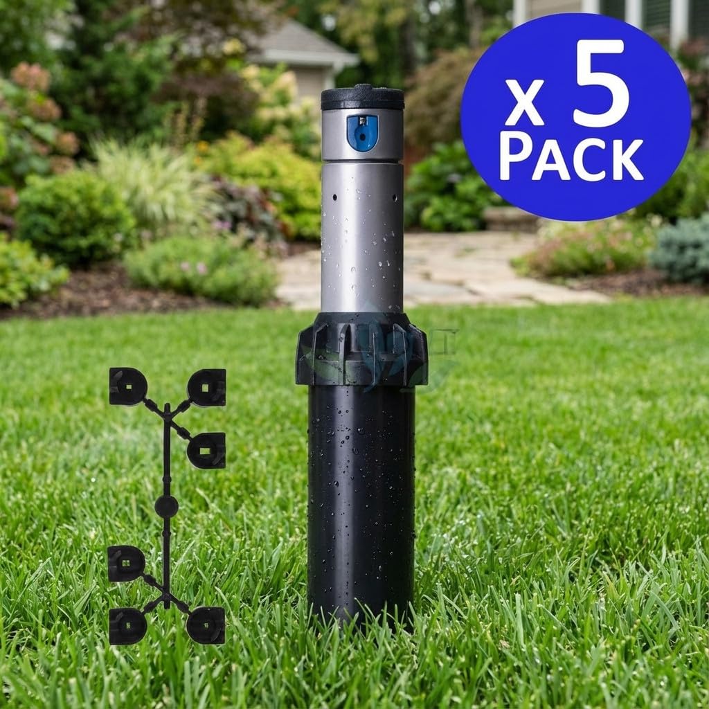 Aspersor de riego Hunter I-20-04 3/4"| Pack 5 Aspersor de Jardin Emergente 5,2-14,3 m | Aspersor de cesped Profesional Acero Inoxidable para Zonas Residenciales y Deportivas