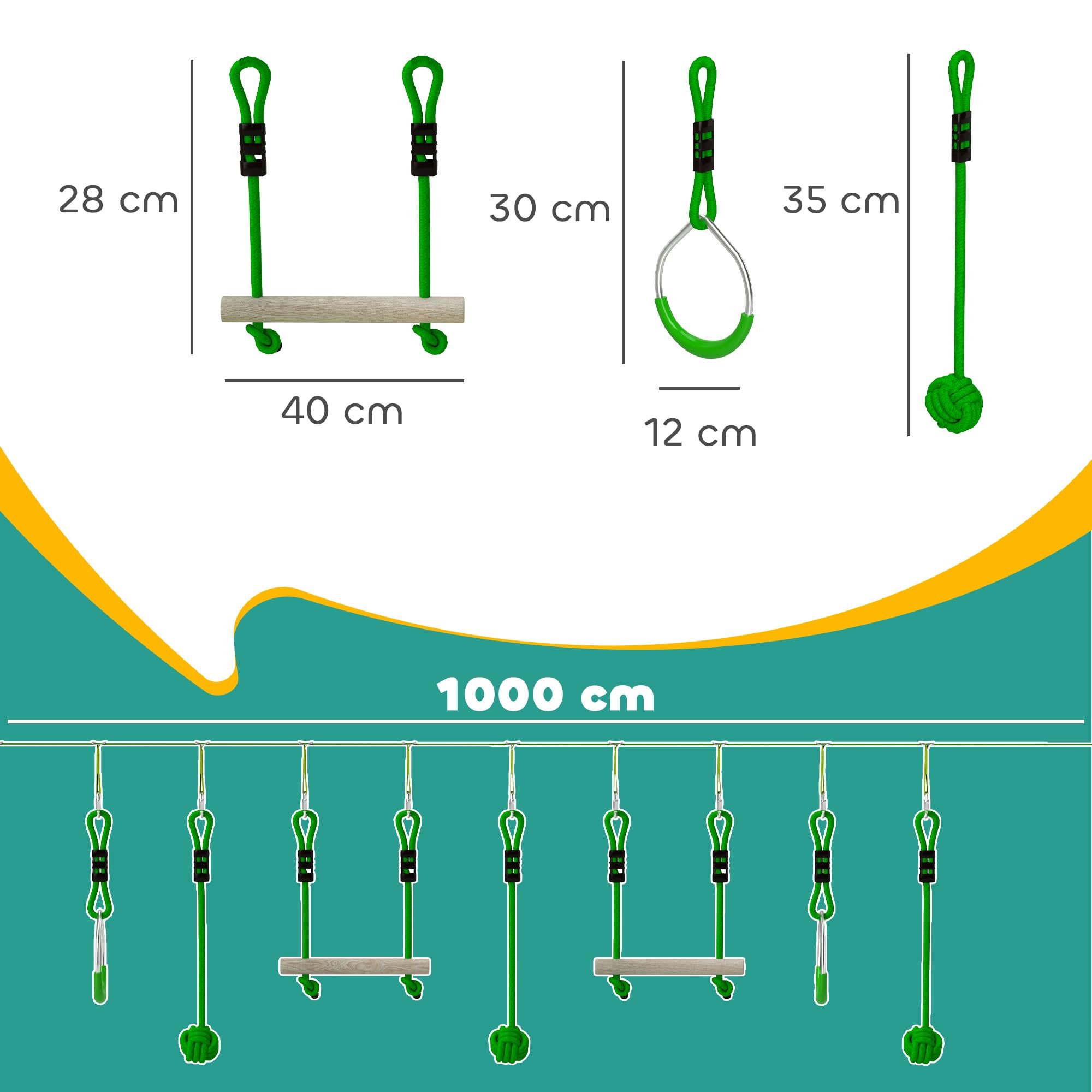 AIYAPLAY Parcours d'obstacles Ninja pour Enfants 10 m Charge 50 kg Slackline et Sac de Transport, équipement de Jeu extérieur pour Filles et garçons, Installation Facile, Bois de Sapin et PP, Vert