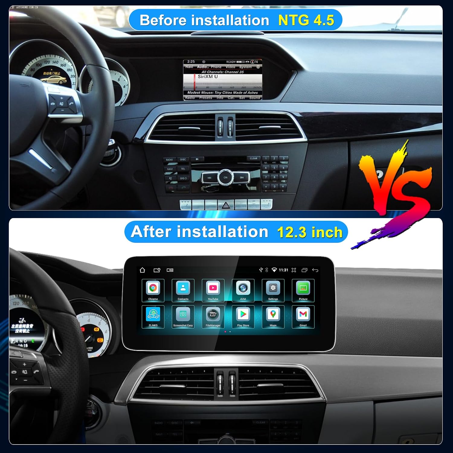 12.3'' Android 14 Car Radio Wireless Carplay Touchscreen for Mercedes Benz C Class W204 S204 2011-2014 NTG4.5 System Car Stereo, Support Wirless Android Auto, Navigation,Camera