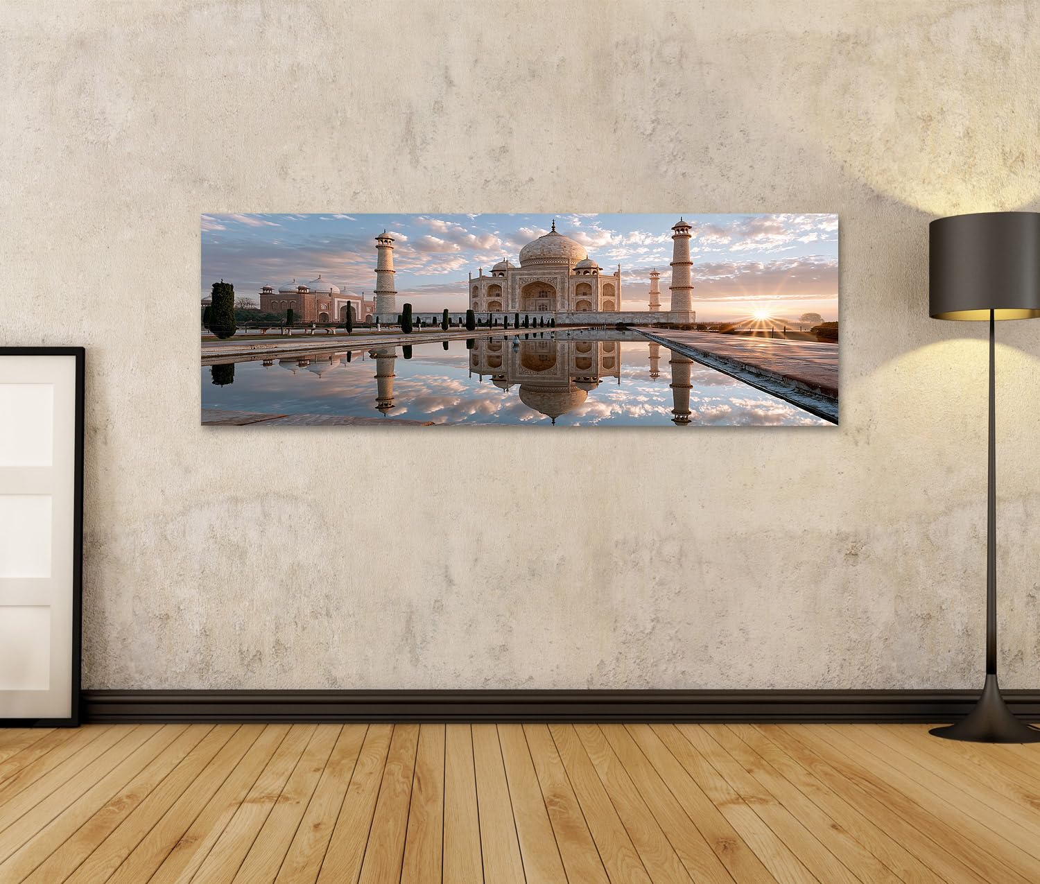 islandburner Cuadro sobre lienzo majestuoso Taj Mahal mural para sala de estar, decoración para aficionados a los viajes, panorámica