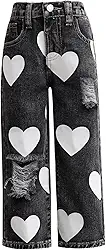 Calça jeans feminina com estampa de coração envelhecida rasgada e perna reta