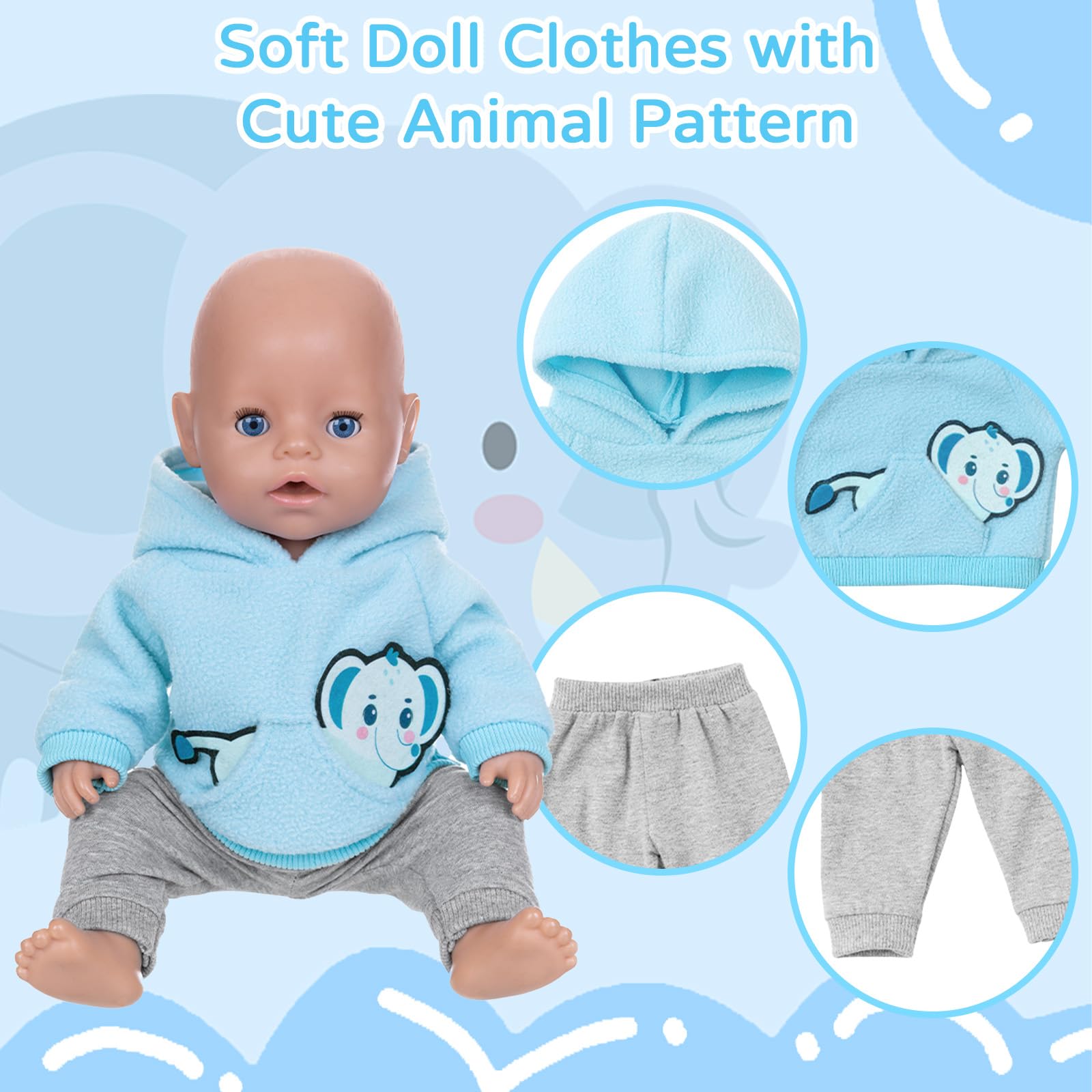 Xerteam 14-18 Inch Doll Clothes with Cute Elephant Pattern, 4 Pcs Baby Dolls Clothes for 35-43 cm Boy/Girl Doll - Image 4