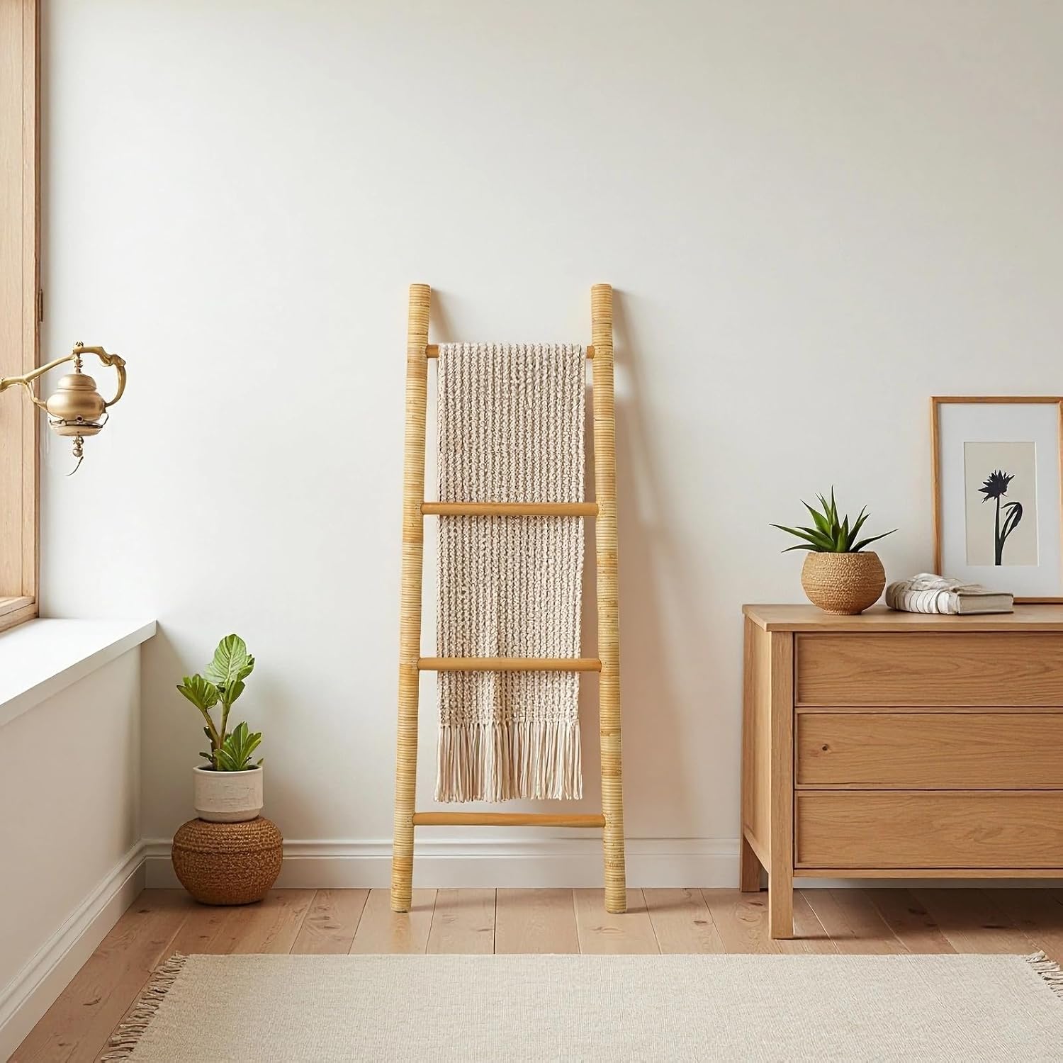 SOFE 4-Tier Rattan Blanket Ladder Shelves, 3.9Ft (47Inches) Decorative Ladder Holder, Wall Leaning Blanket Rack for Living Room, Bedroom, Farmhouse Home Decor